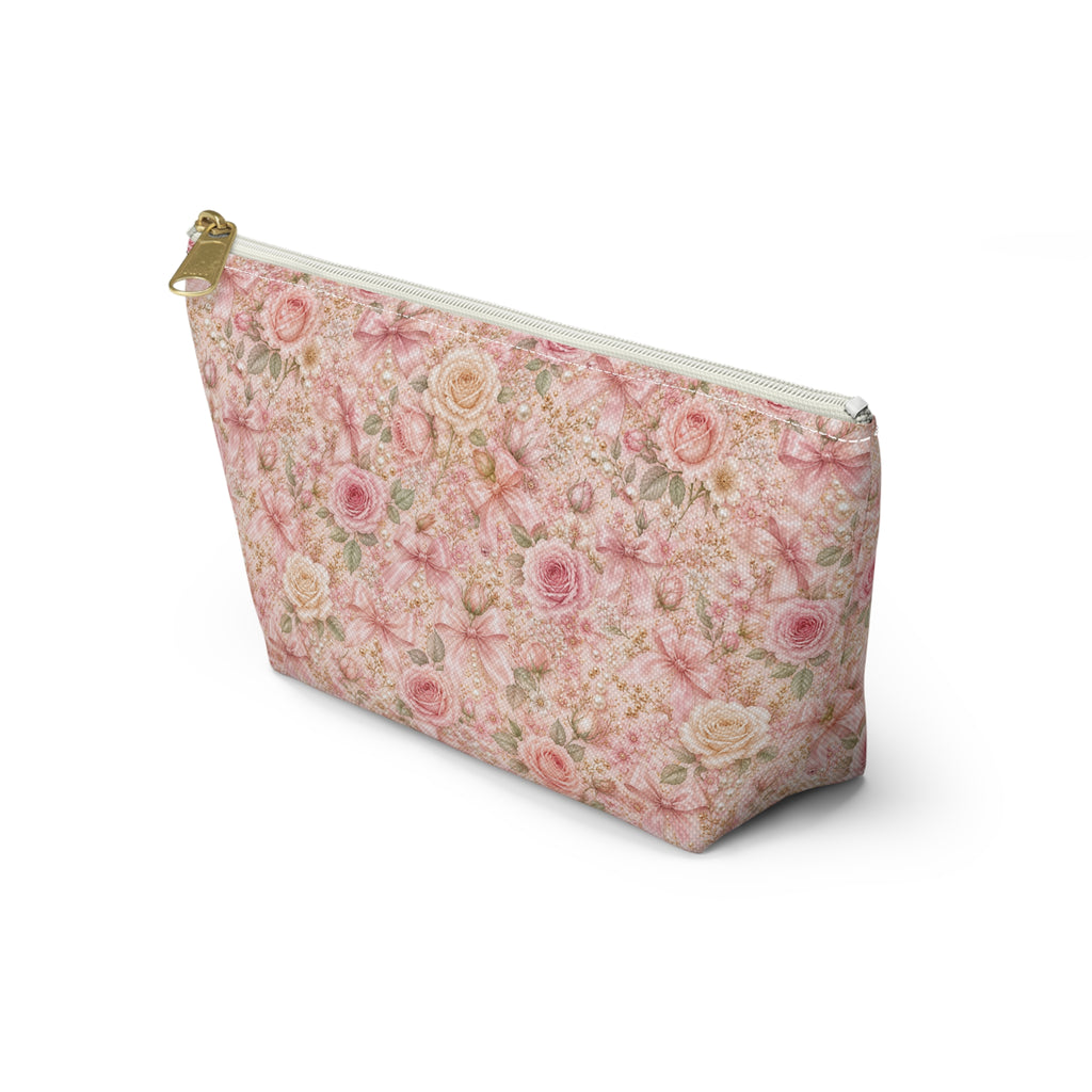 Trousse de Maquillage Nœud en Satin et Rose Poudré, Pochette Cosmétique Fleurie Coquette de Luxe, Organisateur de Voyage Élégant