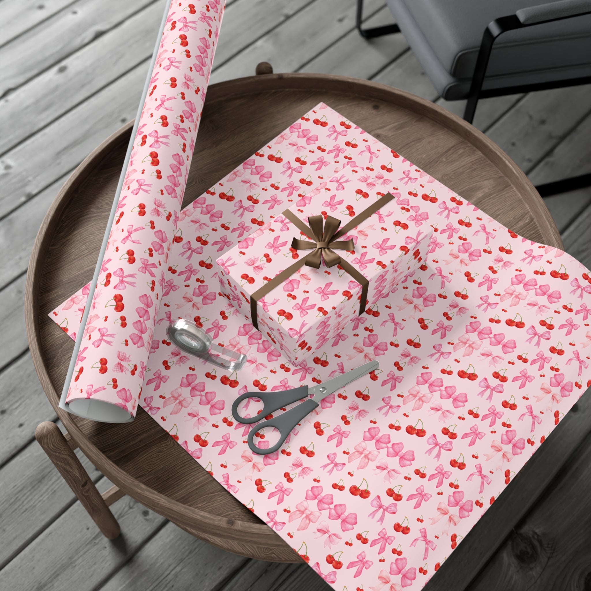 Pink Chic Coquette Wrapping Paper Pink Bows Cherries Elegance Perfect for Gifts Weddings, Bridal Baby Showers All Occasion.