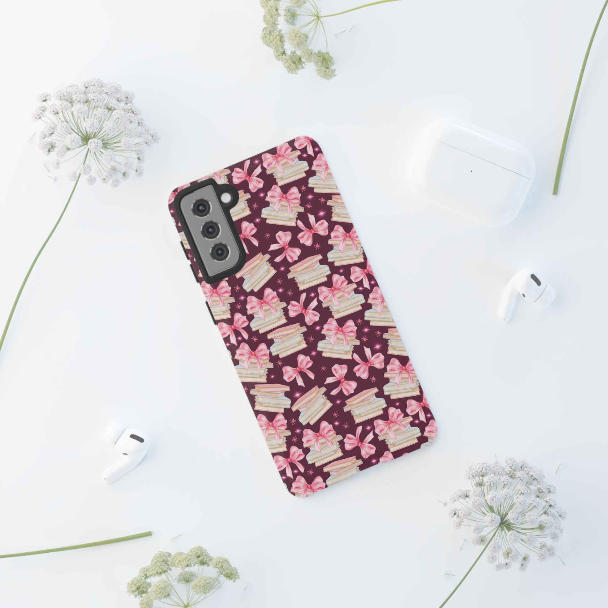 Coquette Pink Bows & Books Phone Case for iPhone 16 15 14 13 12  21 23 Samsung, and Pixel | Stylish Protective Cover Gift for Her Perfect for Floral Lover
