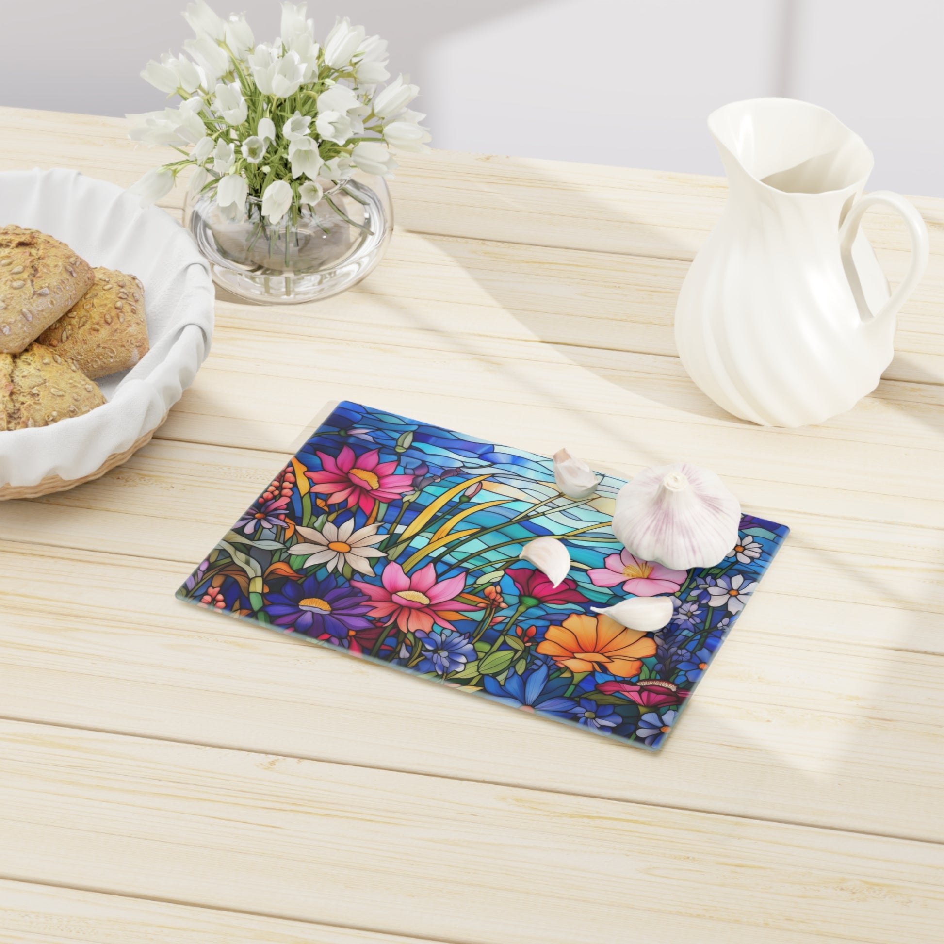 New House Tempered Glass Cutting Board Wildflowers Stain Glass Illusion Design Ultra-Durable Kitchen Accessory for Stylish Cooking Kitchen Decor Housewarming, New House Gift - MRSBYVALLE