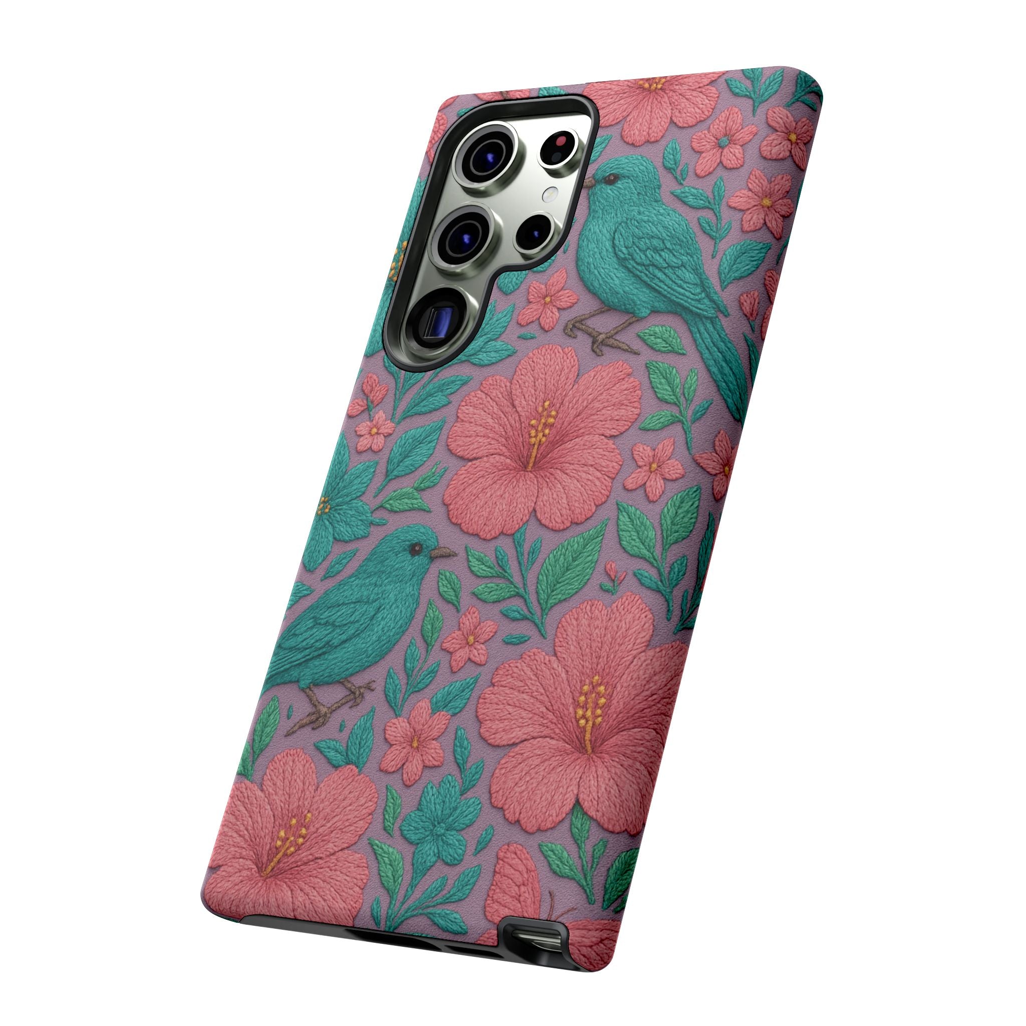 Turquoise, Pink and Lavender 3D Embroidery Illusion Phone Case Tropical Flowers, Birds & Butterflies Cover with Bold, Realistic Floral Texture iPhone, Samsung