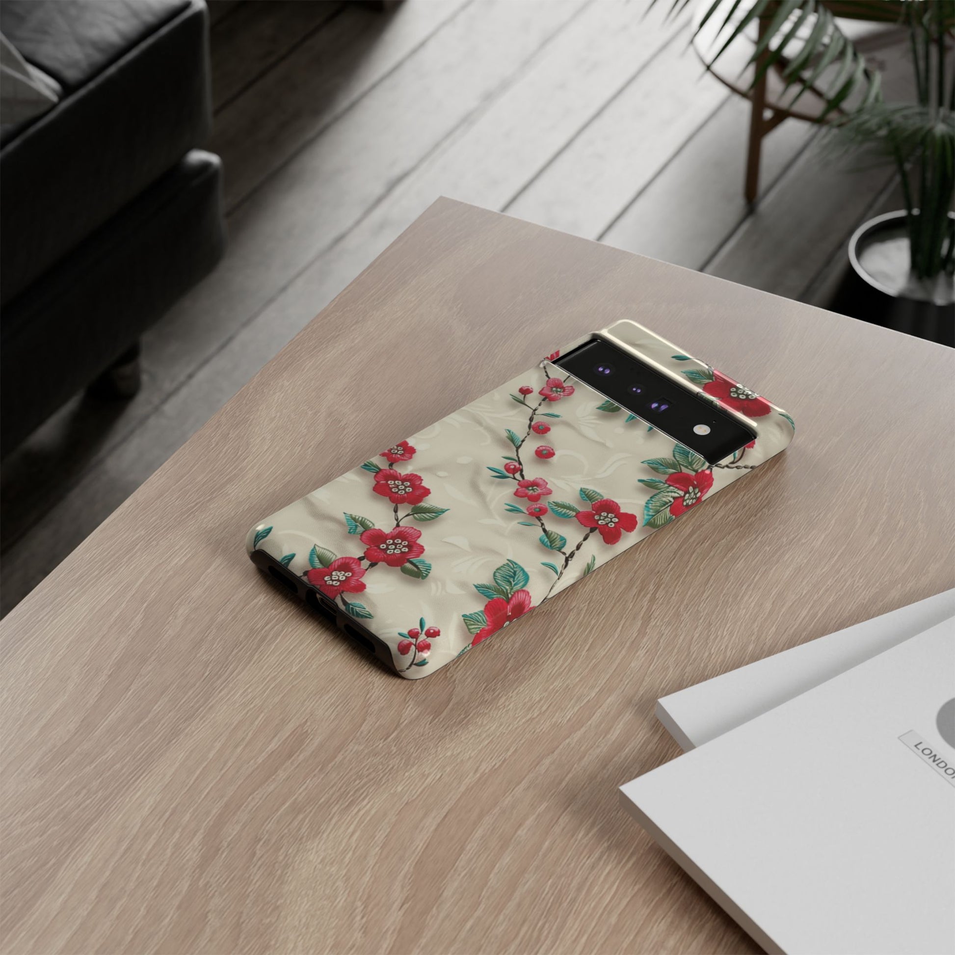 3D Embroidery Illusion Red Flowers Phone Case for iPhone, Samsung Pixel Artistic Floral Protection 15 14 13 12, 21 23 Gift for Her Perfect for Floral Lover