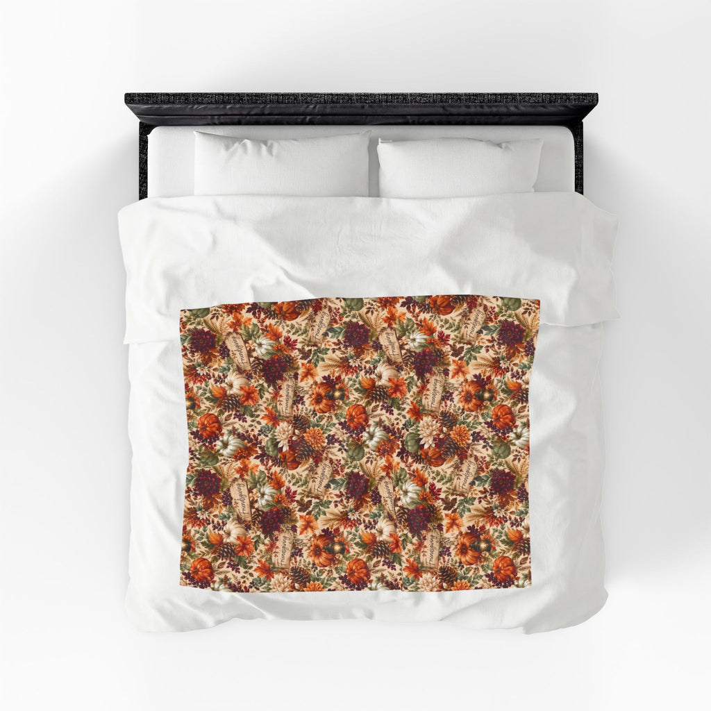 Autumn Harvest Floral Velveteen Plush Blanket | Fall Leaves Pumpkins Mum Pattern