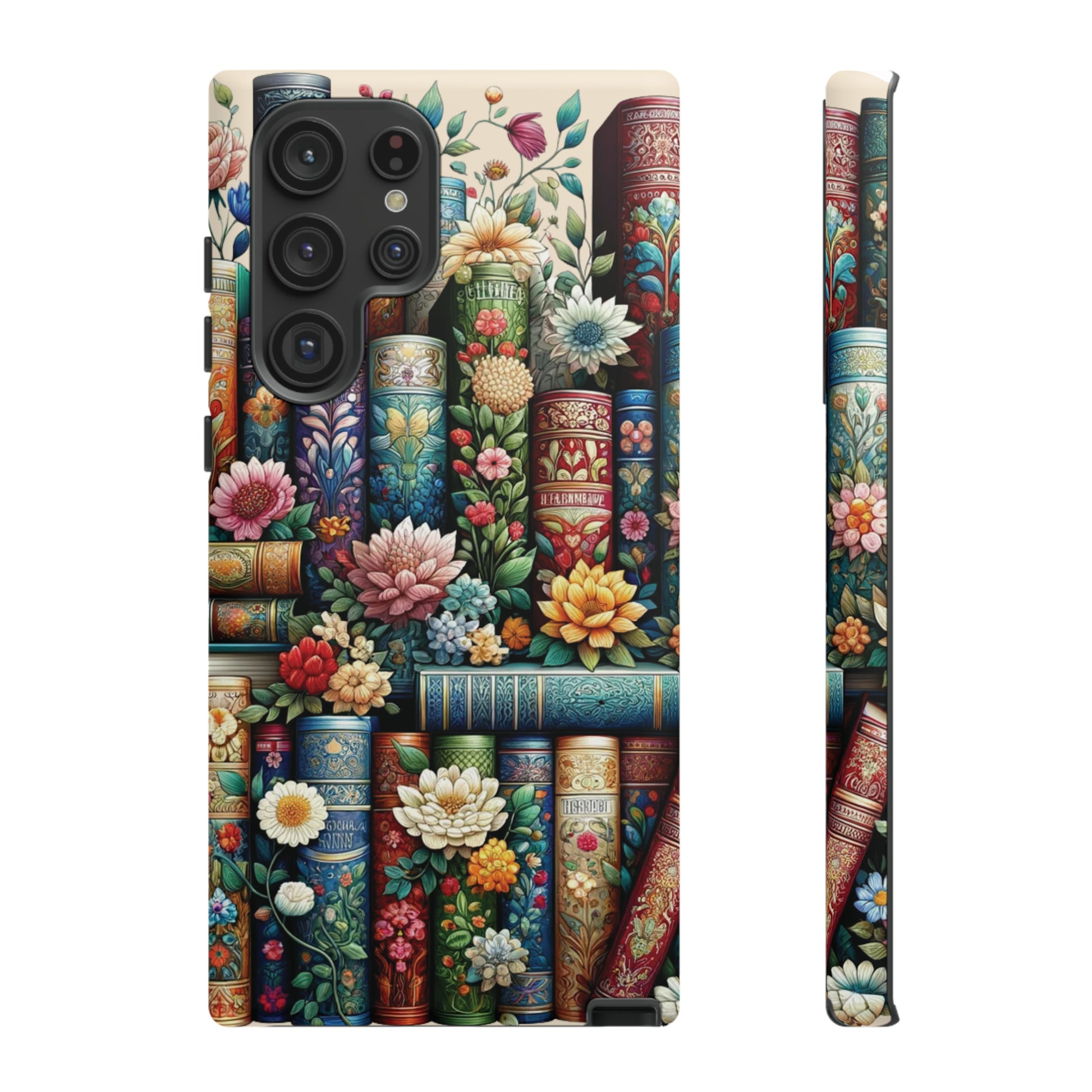 Books and Floral Boho Luxury Phone Tough Case Floral Elegant Durable Stylish for Modern Devices iPhone 15, Samsung iPhone Samsung Accessory Gift for Her.