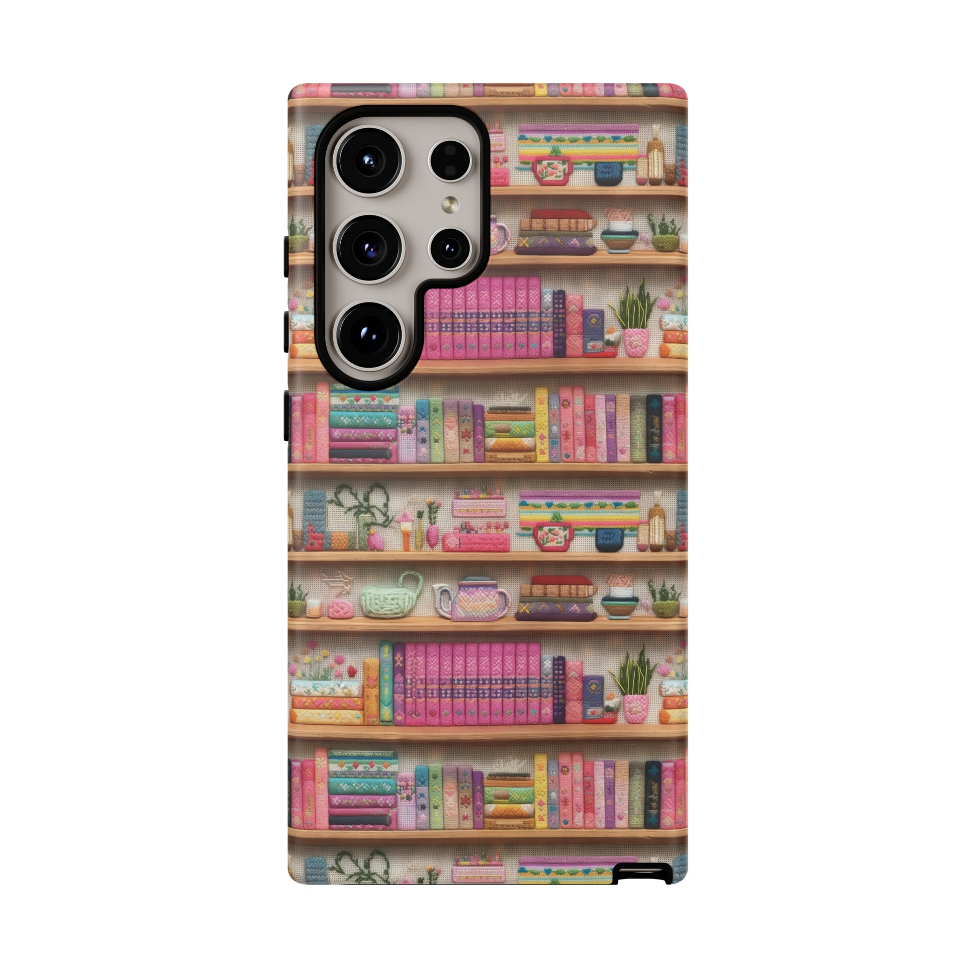 Phone Case 3D Illusion Books & Shelf Embroidery Design with Vibrant Colors Gift for Her Phone 15, Samsung iPhone Samsung Gift for Her Case iPhone 15, Samsung iPhone Samsung Accessory Gift for Her.