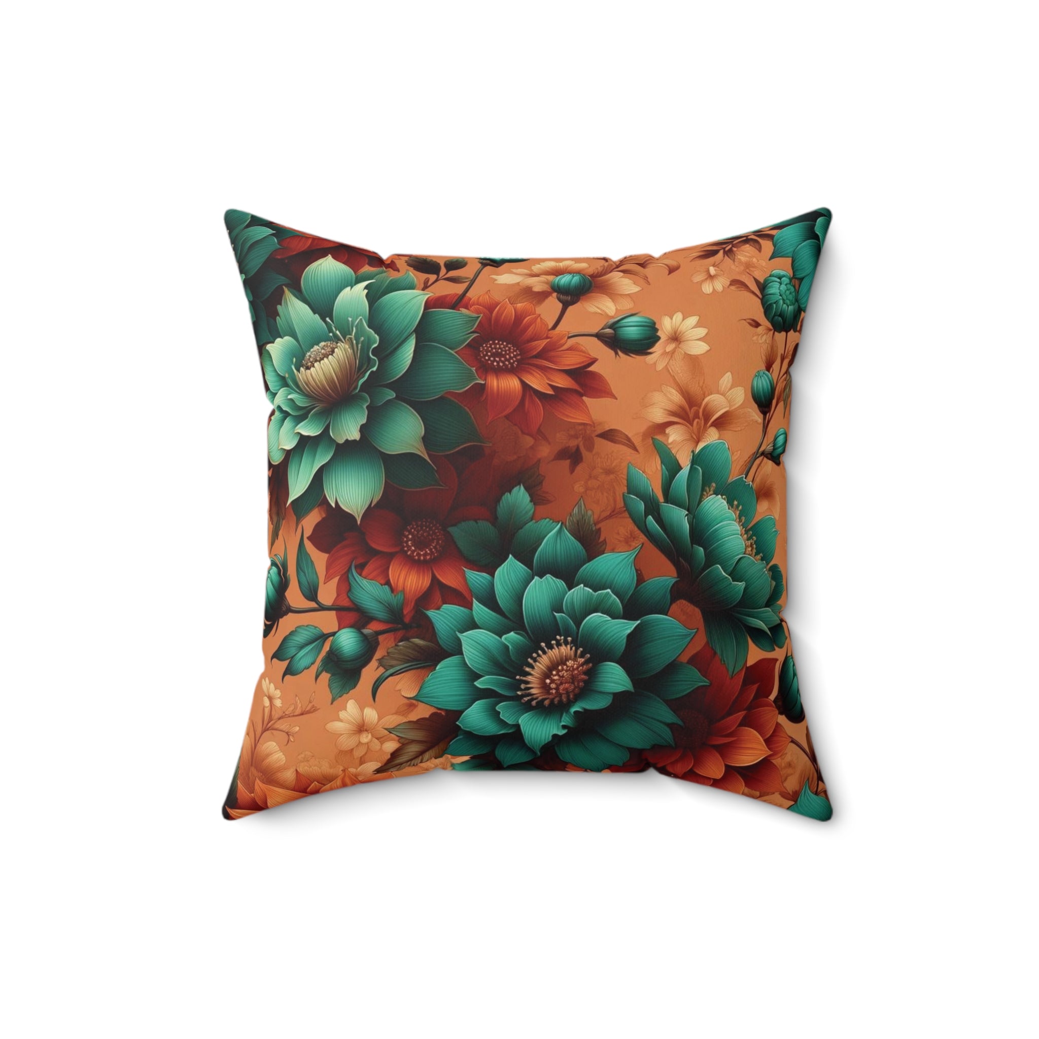 Aqua and Burnt Orange Floral Bliss Luxurious Chenille Decorative Pillow Living Room Comfort for Bedroom or Housewarming Gift New House, Bridal Shower Gift - MRSBYVALLE