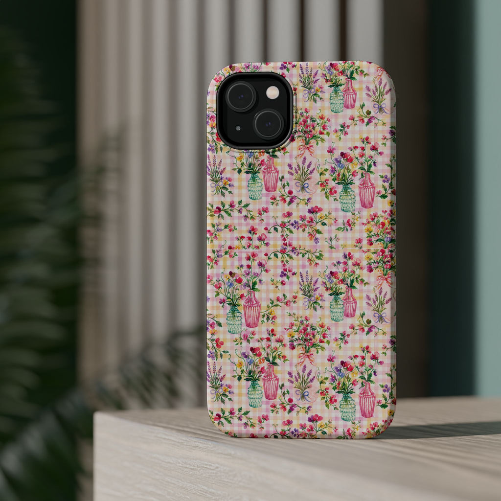 Turquoise & Pink Floral Checker Phone Case — Magnetic Impact-Resistant
