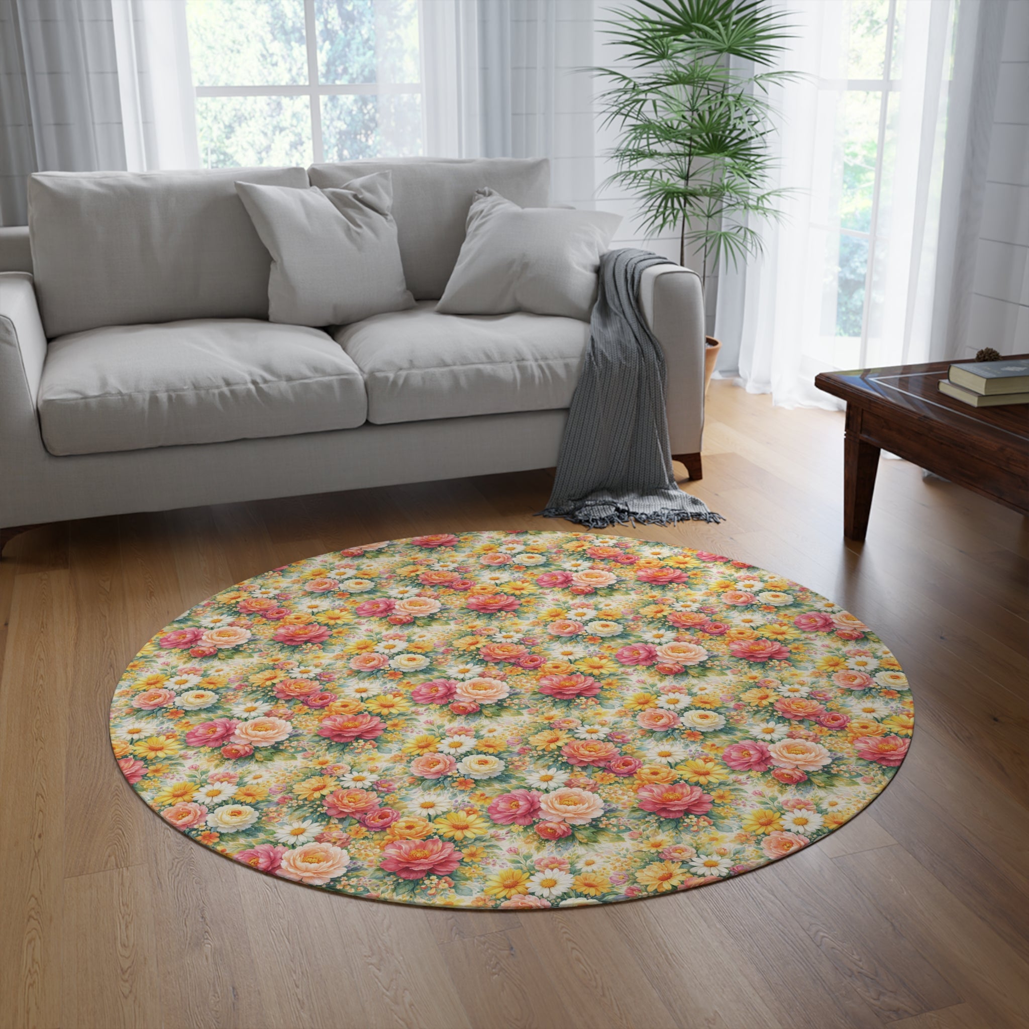Round Rug — Radiant Bloom Pink & Yellow Floral