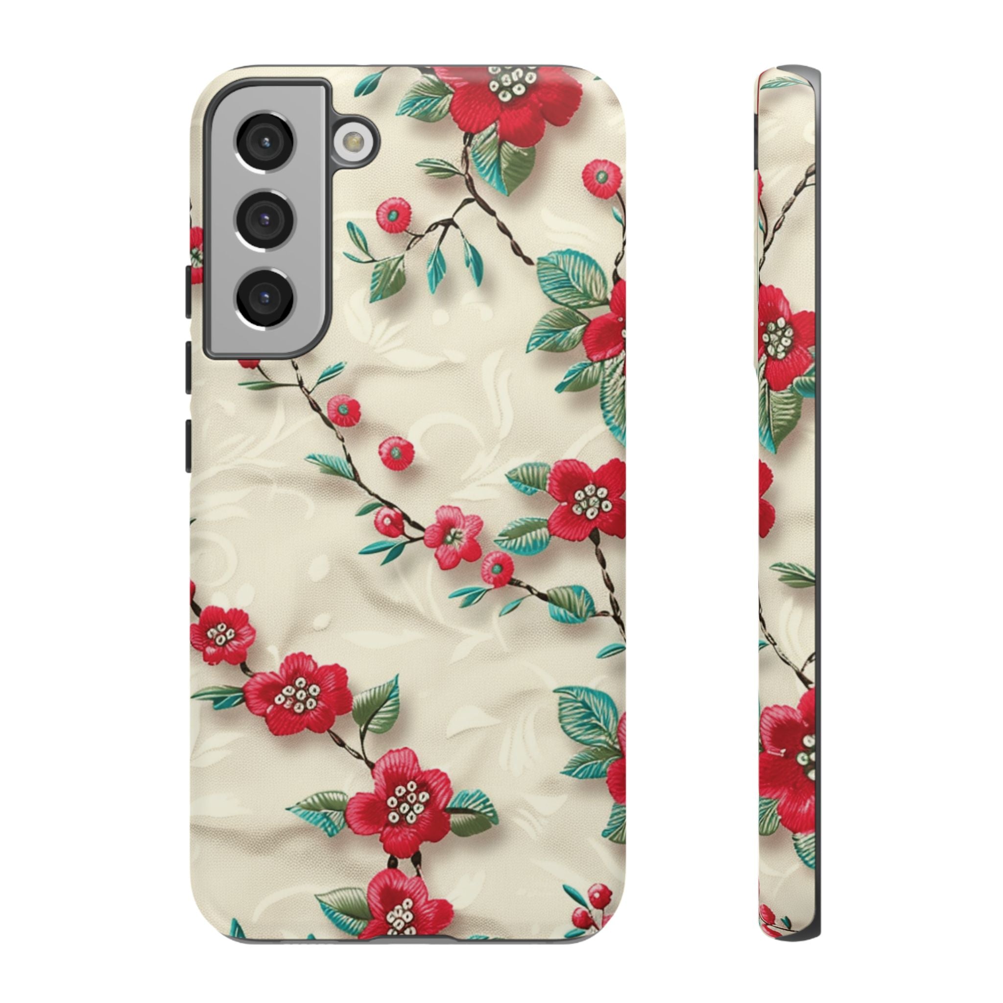 3D Embroidery Illusion Red Flowers Phone Case for iPhone, Samsung Pixel Artistic Floral Protection 15 14 13 12, 21 23 Gift for Her Perfect for Floral Lover