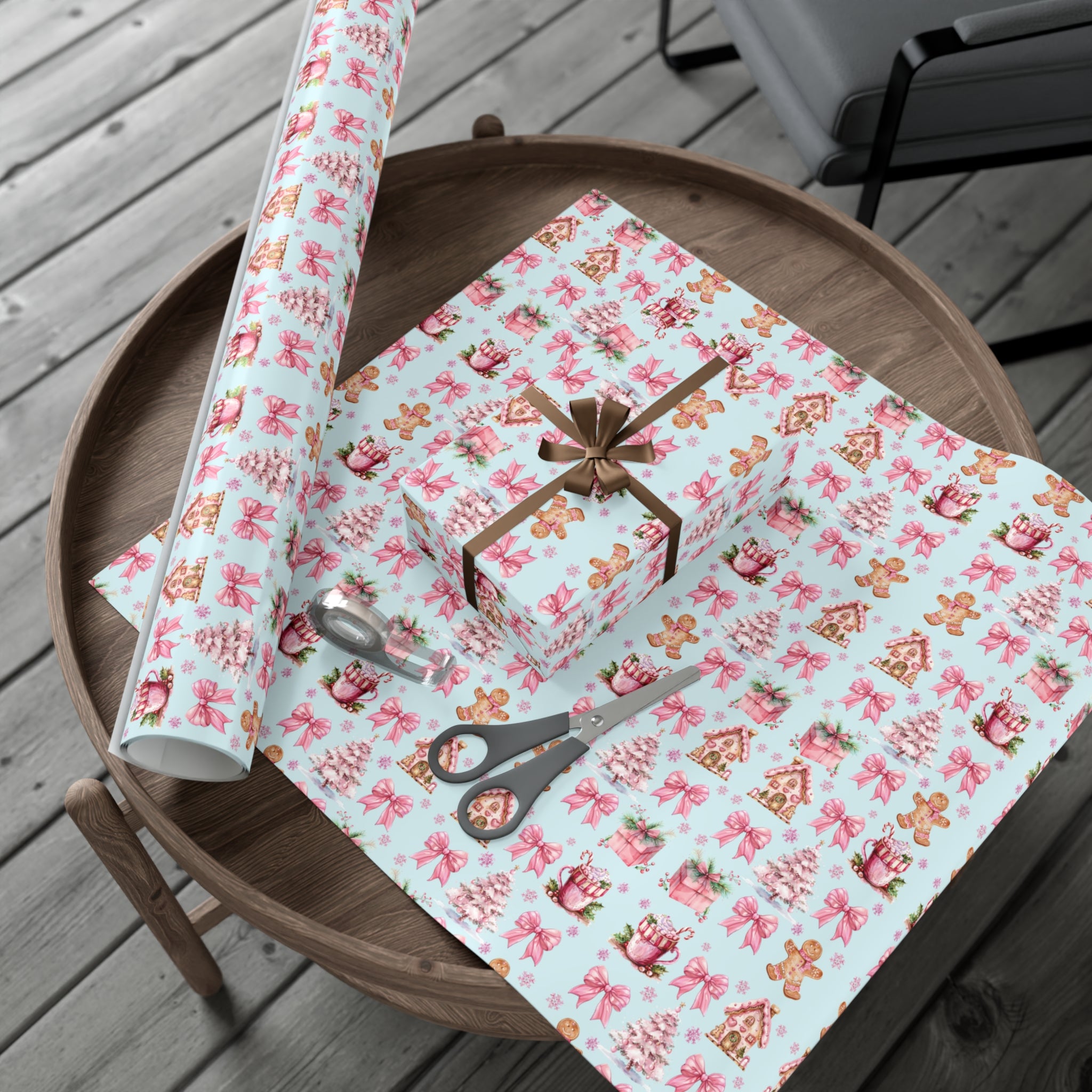 Coquette Pink Gingerbread House Man Wrapping Paper with Adorable Pink Bows Perfect for Whimsical Christmas Gift Wrap | Festive Holiday Present Wrapping Sheets - MRSBYVALLE