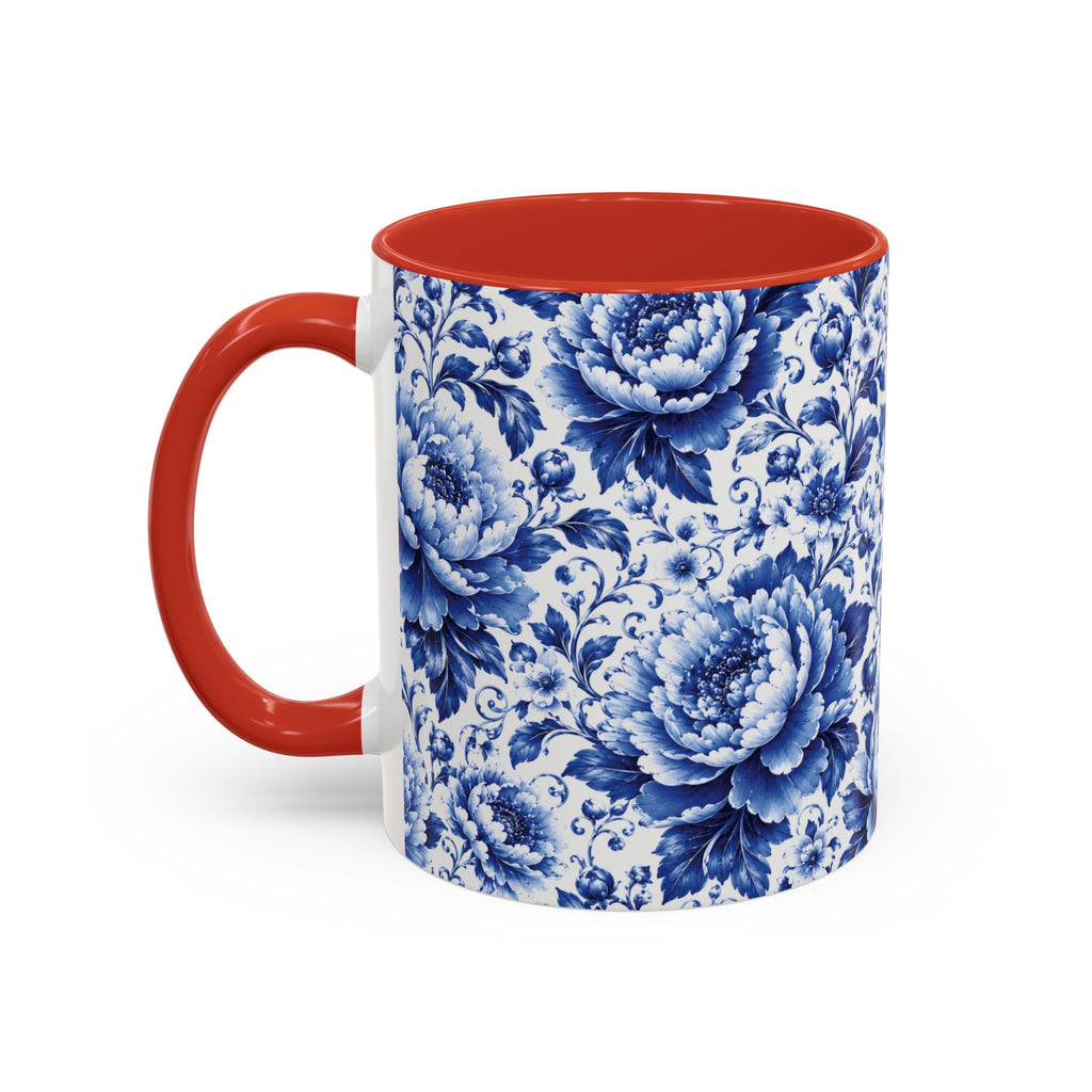 Blue Floral Ceramic Coffee Mug — Vintage Delft Peony Accent (11oz & 15oz) Blue & White Chinoiserie Tea Mug