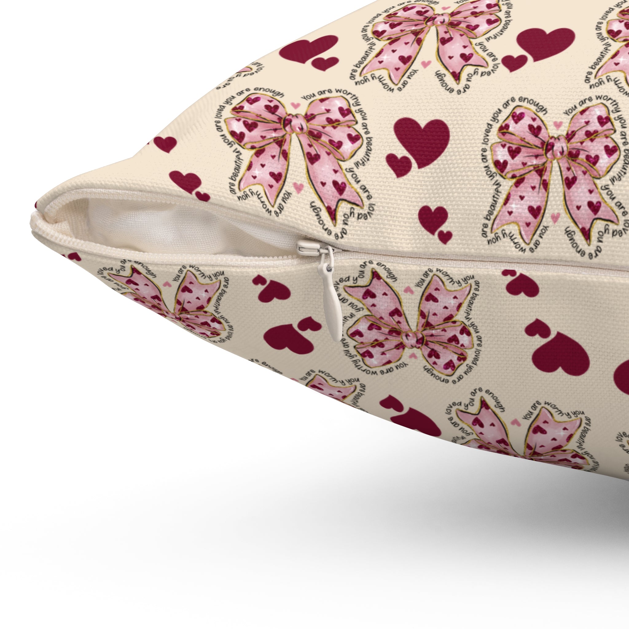 Charming Hearts & Pink Bows Square Pillow  Stylish Home Decor Accent for Living Room, Bedroom, or Gifts | Soft & Durable 100% Polyester with Double-Sided Print - MRSBYVALLE