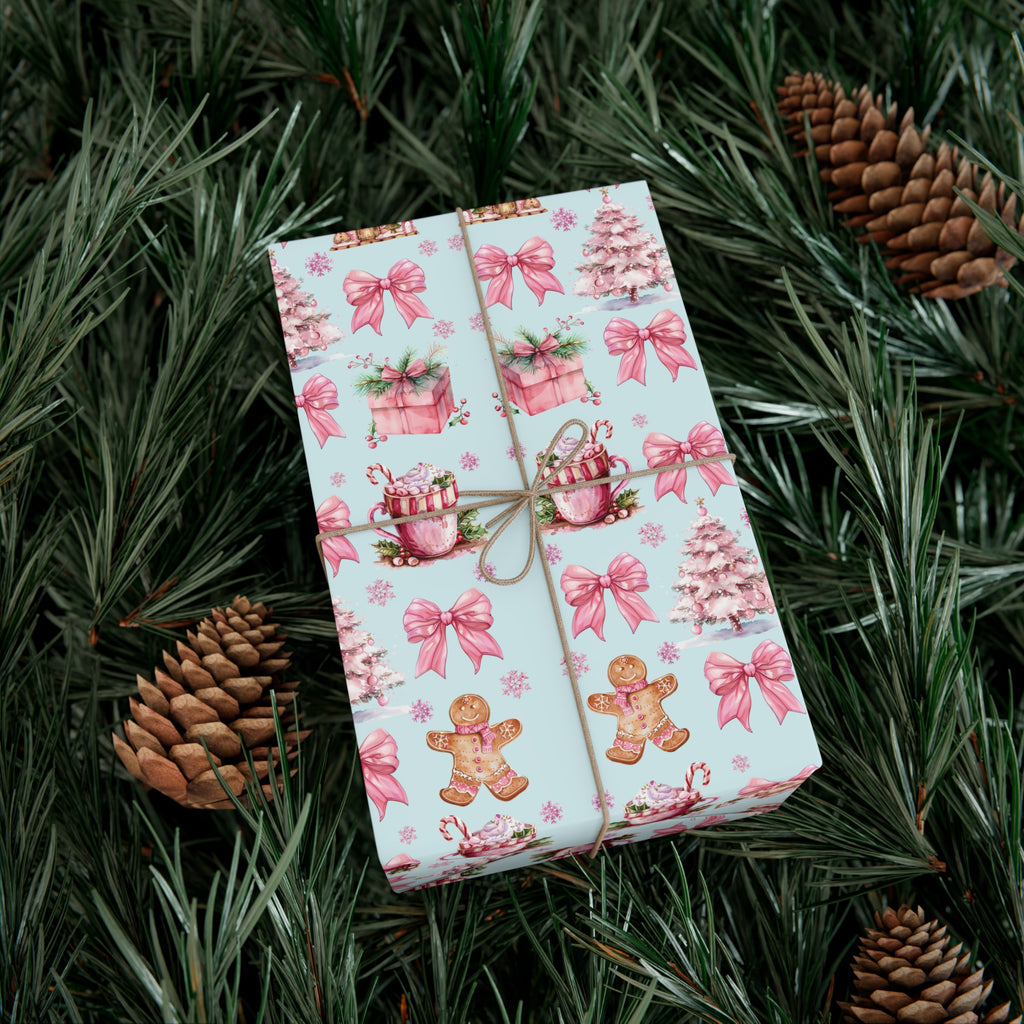 Coquette Pink Gingerbread House Man Wrapping Paper with Adorable Pink Bows Perfect for Whimsical Christmas Gift Wrap | Festive Holiday Present Wrapping Sheets - MRSBYVALLE