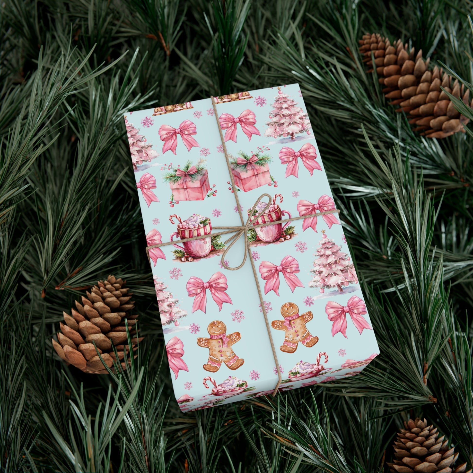 Coquette Pink Gingerbread House Man Wrapping Paper with Adorable Pink Bows Perfect for Whimsical Christmas Gift Wrap | Festive Holiday Present Wrapping Sheets - MRSBYVALLE
