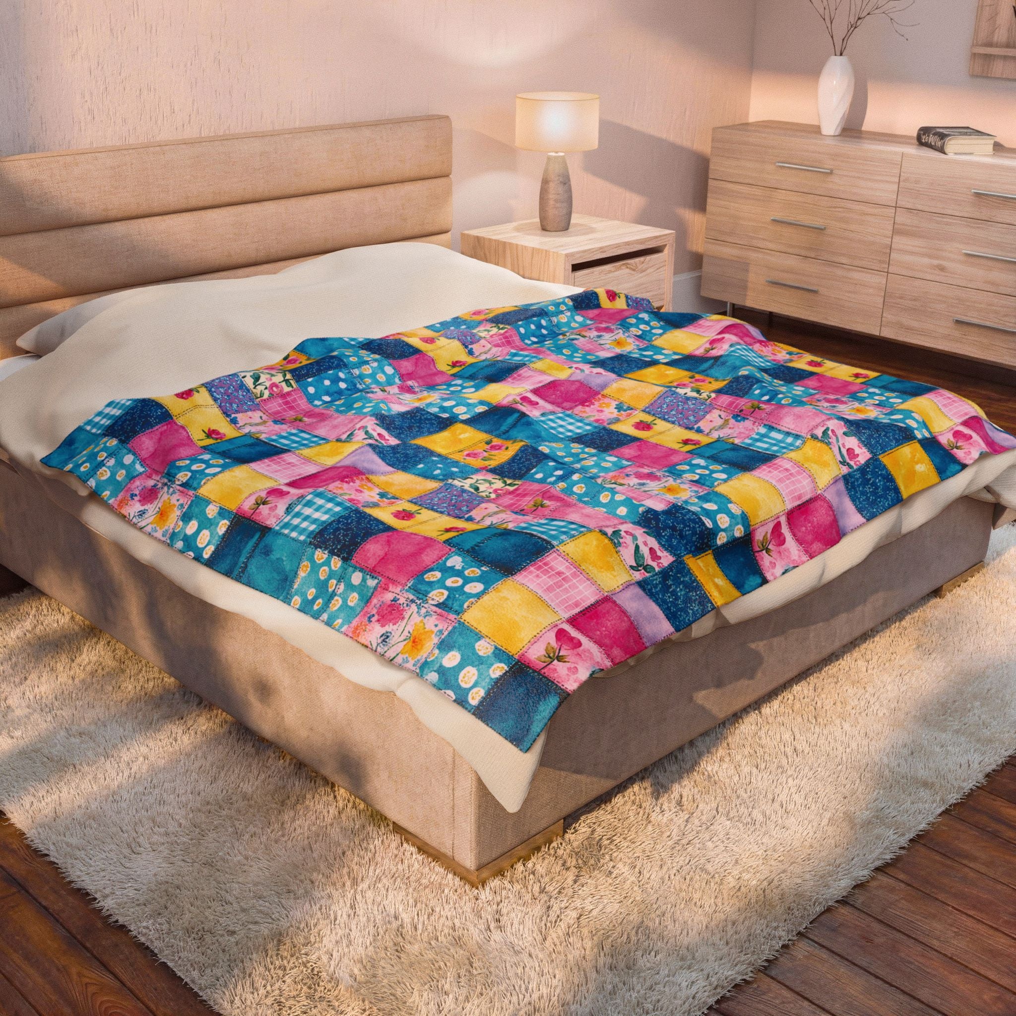 Pastel Patchwork Illusion Velveteen Plush Blanket Gift