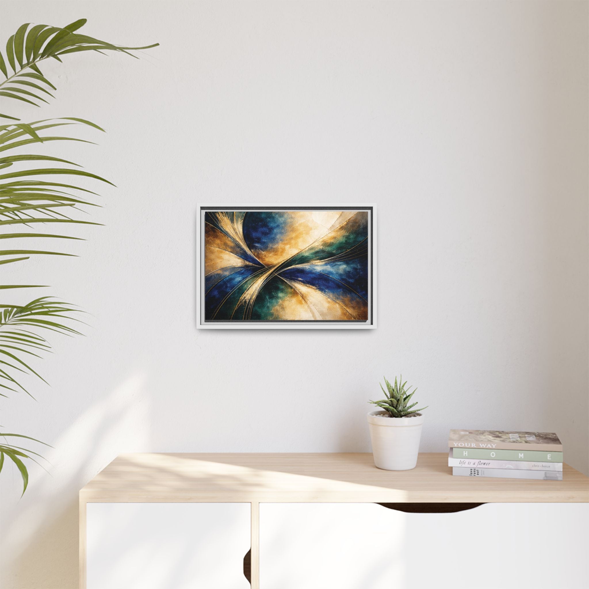 Gilded Convergence  Luxe NeoDeco Blue & Gold Abstract Wall Art Framed