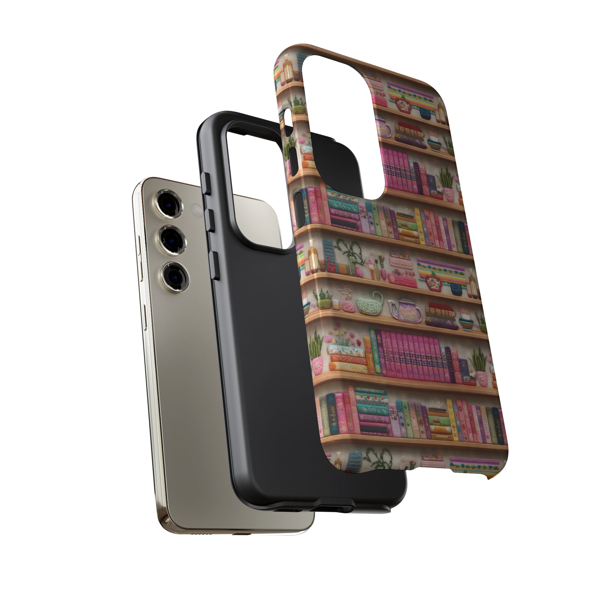 Phone Case 3D Illusion Books & Shelf Embroidery Design with Vibrant Colors Gift for Her Phone 15, Samsung iPhone Samsung Gift for Her Case iPhone 15, Samsung iPhone Samsung Accessory Gift for Her.