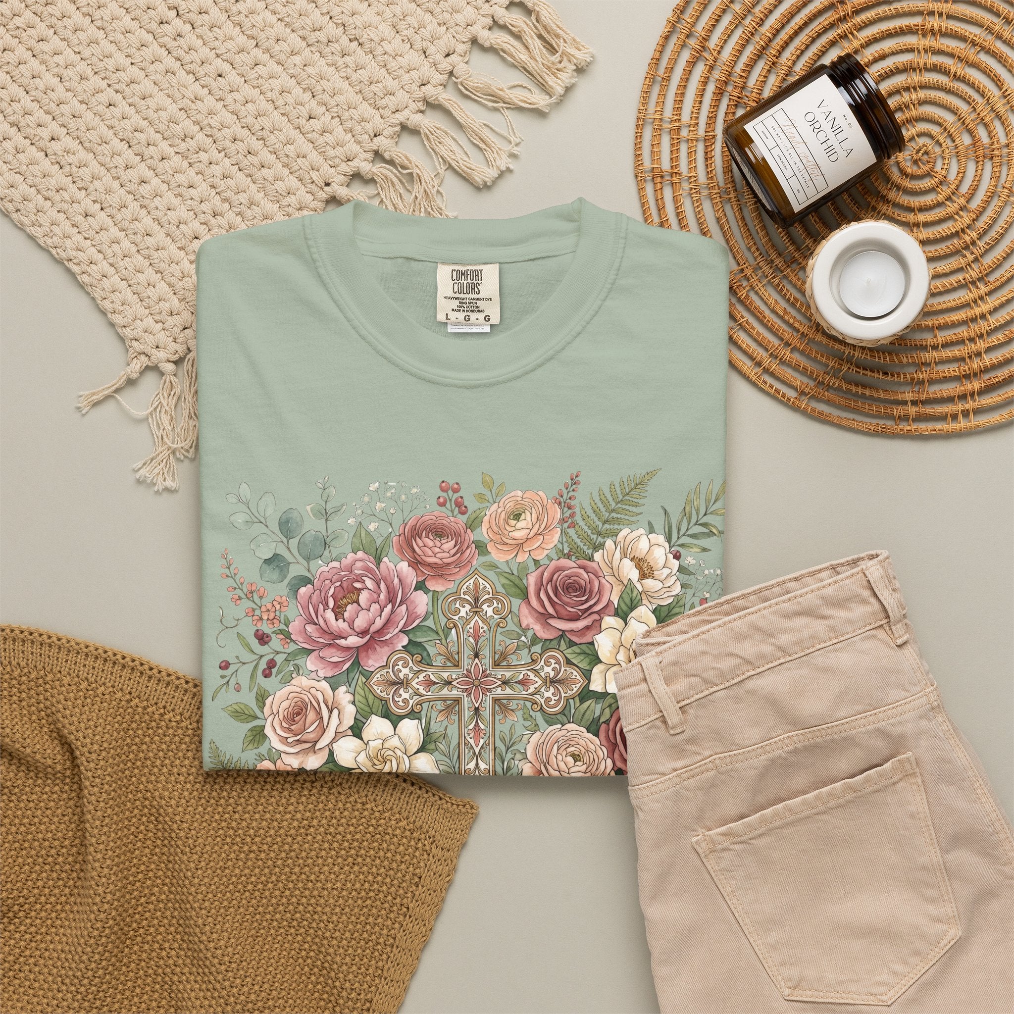 He Is Risen Floral Cross T-Shirt Christian Gift