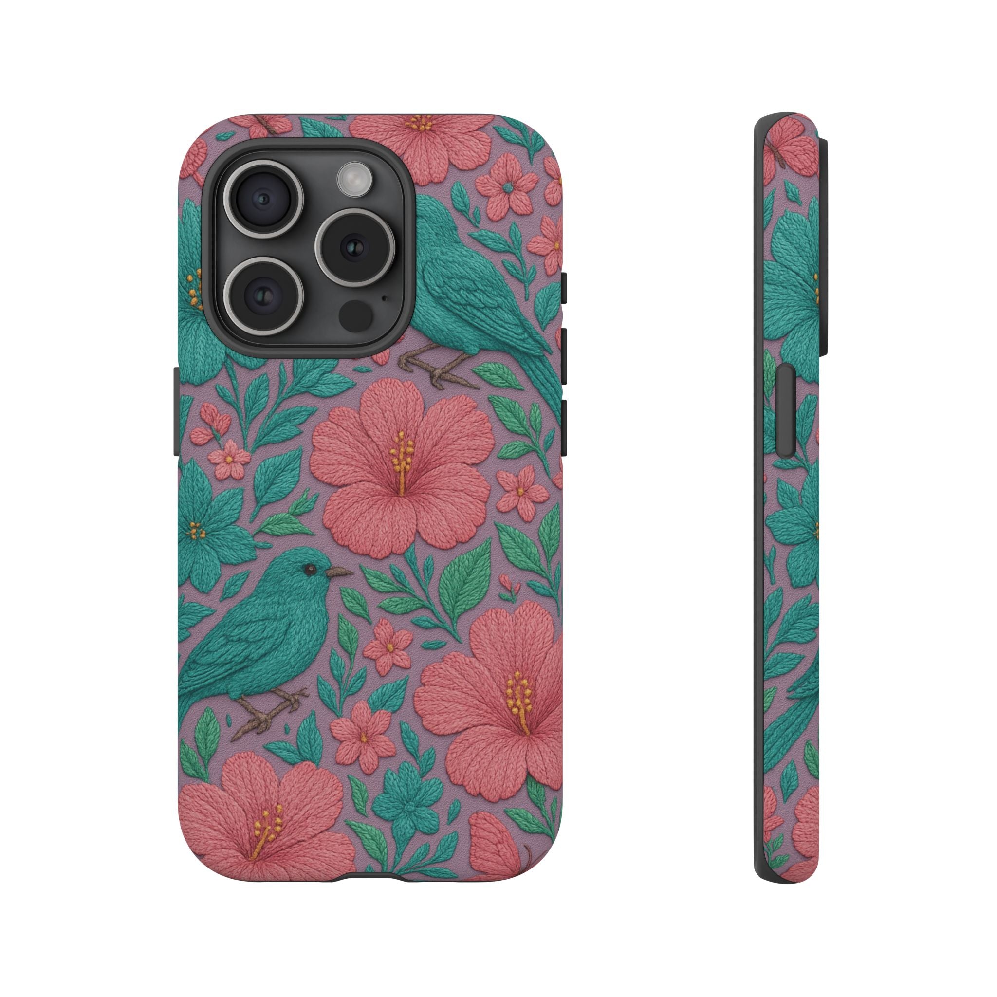 Turquoise, Pink and Lavender 3D Embroidery Illusion Phone Case Tropical Flowers, Birds & Butterflies Cover with Bold, Realistic Floral Texture iPhone, Samsung