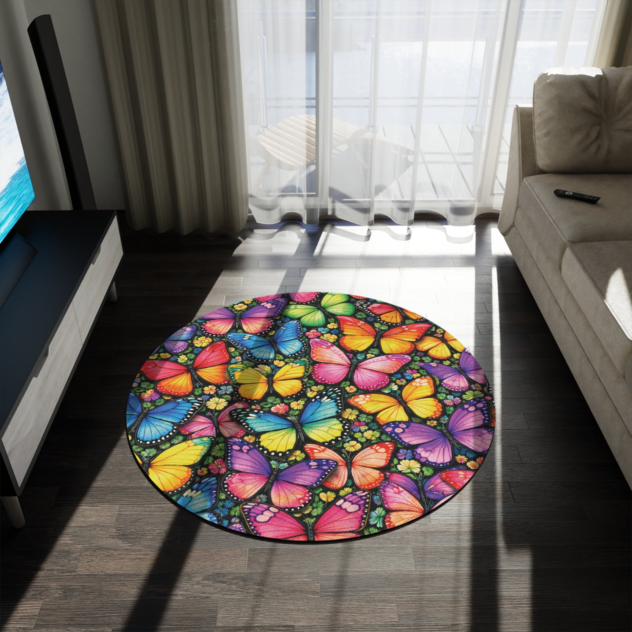 Bright Beautiful Butterflies Round Rug — Colorful Butterfly Area Rug for Living Room, Nursery & Patio