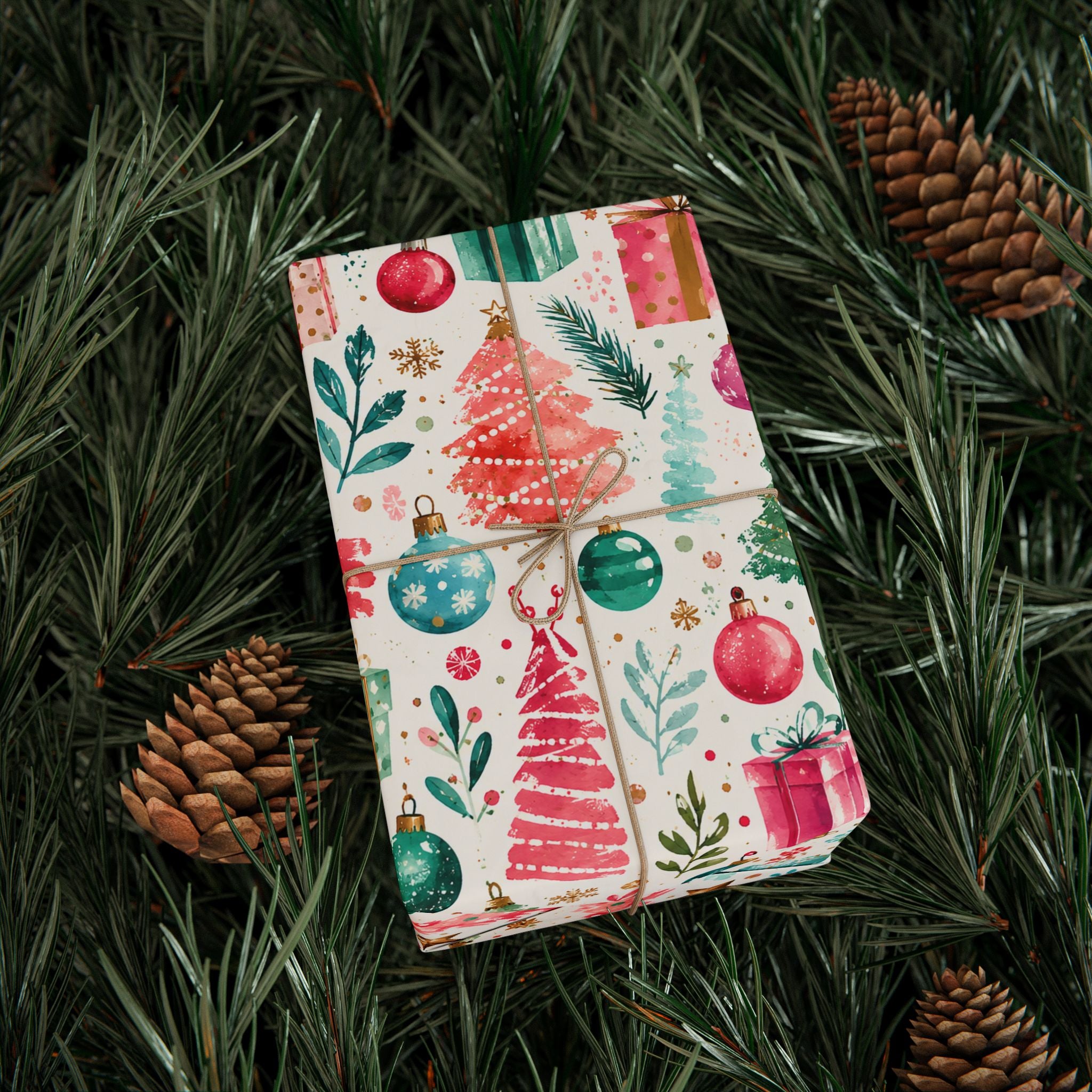 Festive Watercolor Christmas Wrapping Paper — Trees, Ornaments & Gifts Pattern