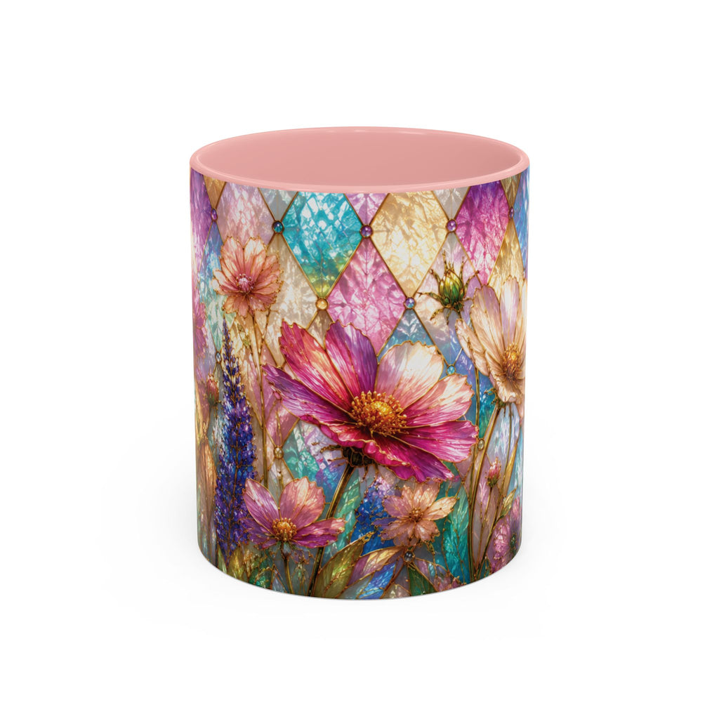 Floral Mosaic Accent Coffee Mug — Colorful Garden Flowers 11/15oz Stain Glass Illusion