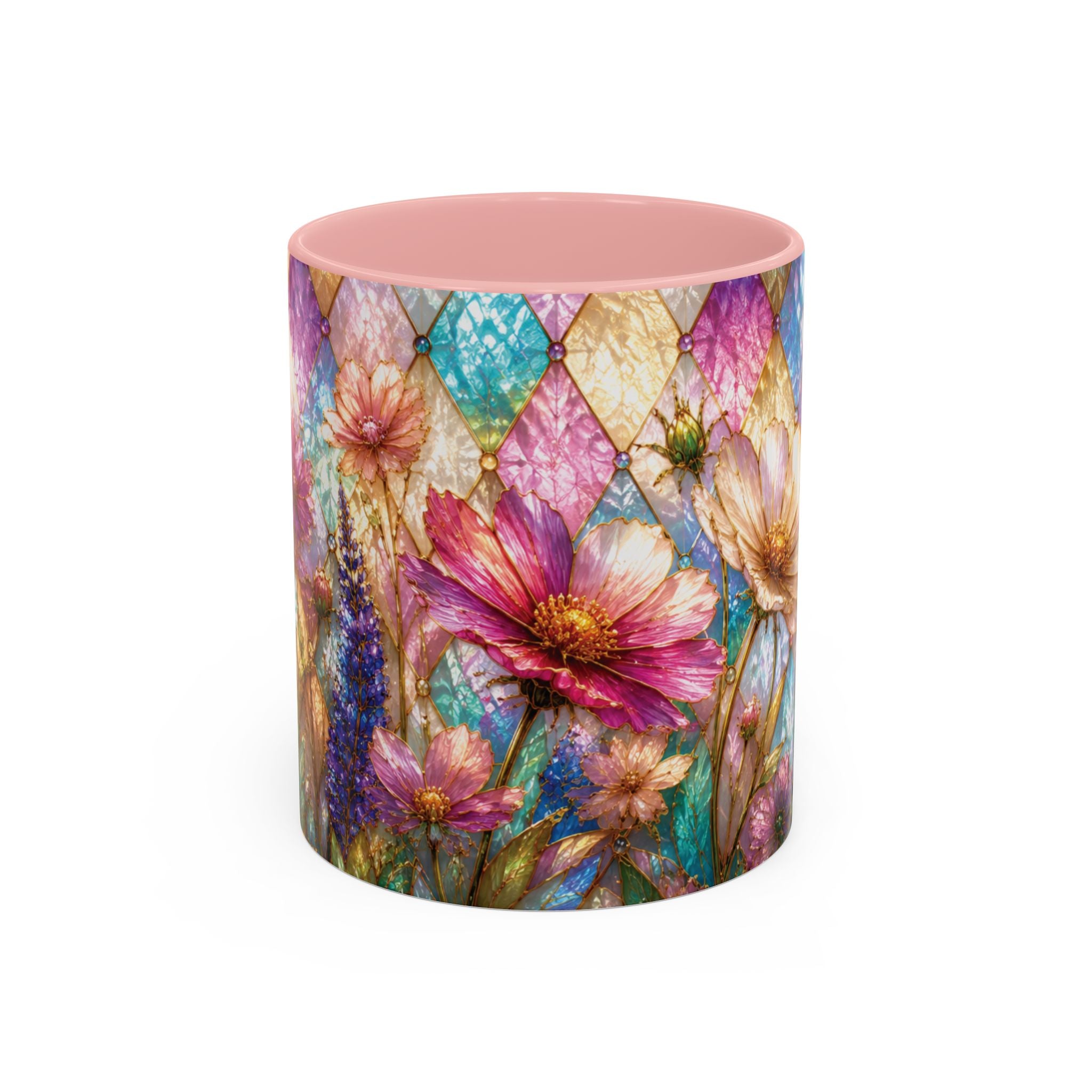 Floral Mosaic Accent Coffee Mug — Colorful Garden Flowers 11/15oz Stain Glass Illusion