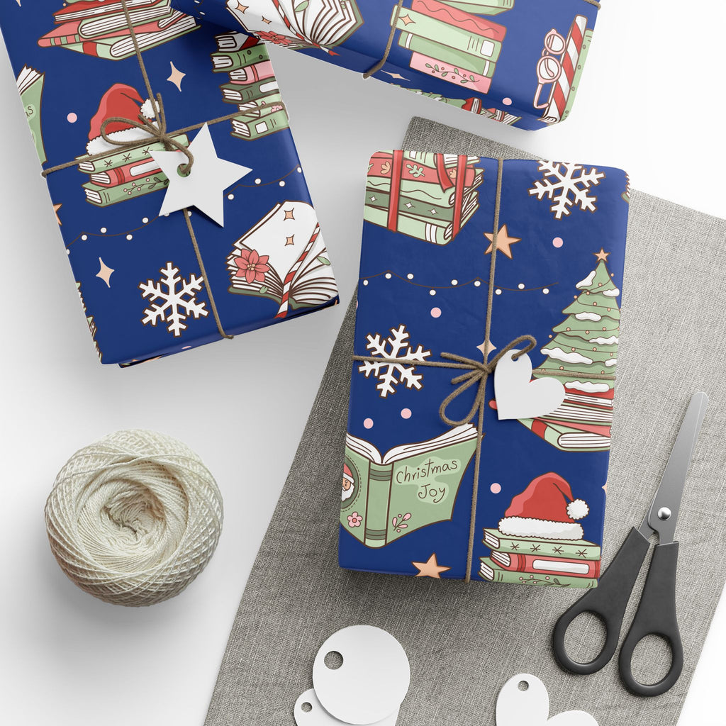 Wrapping Papers Royal Blue Christmas Books and Coffee Design Holiday Gift Wrap