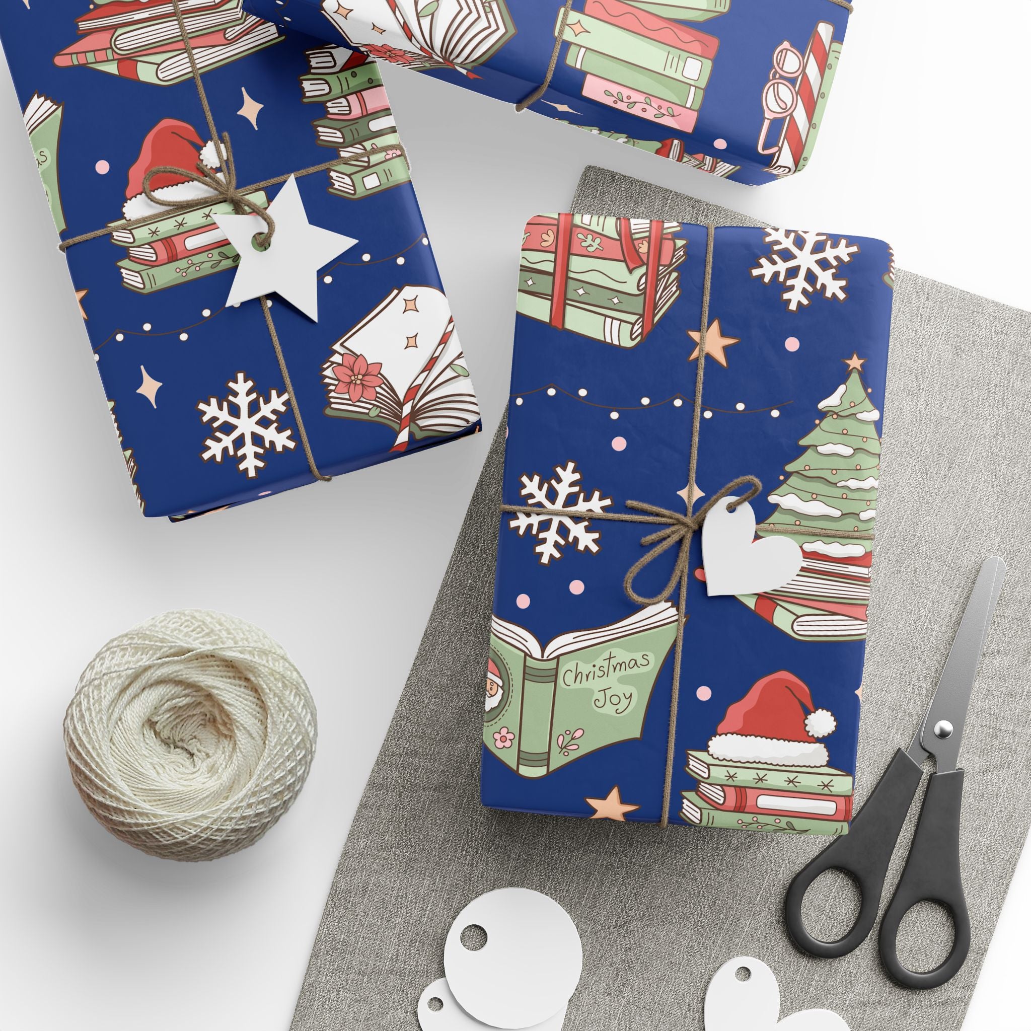 Wrapping Papers Royal Blue Christmas Books and Coffee Design Holiday Gift Wrap