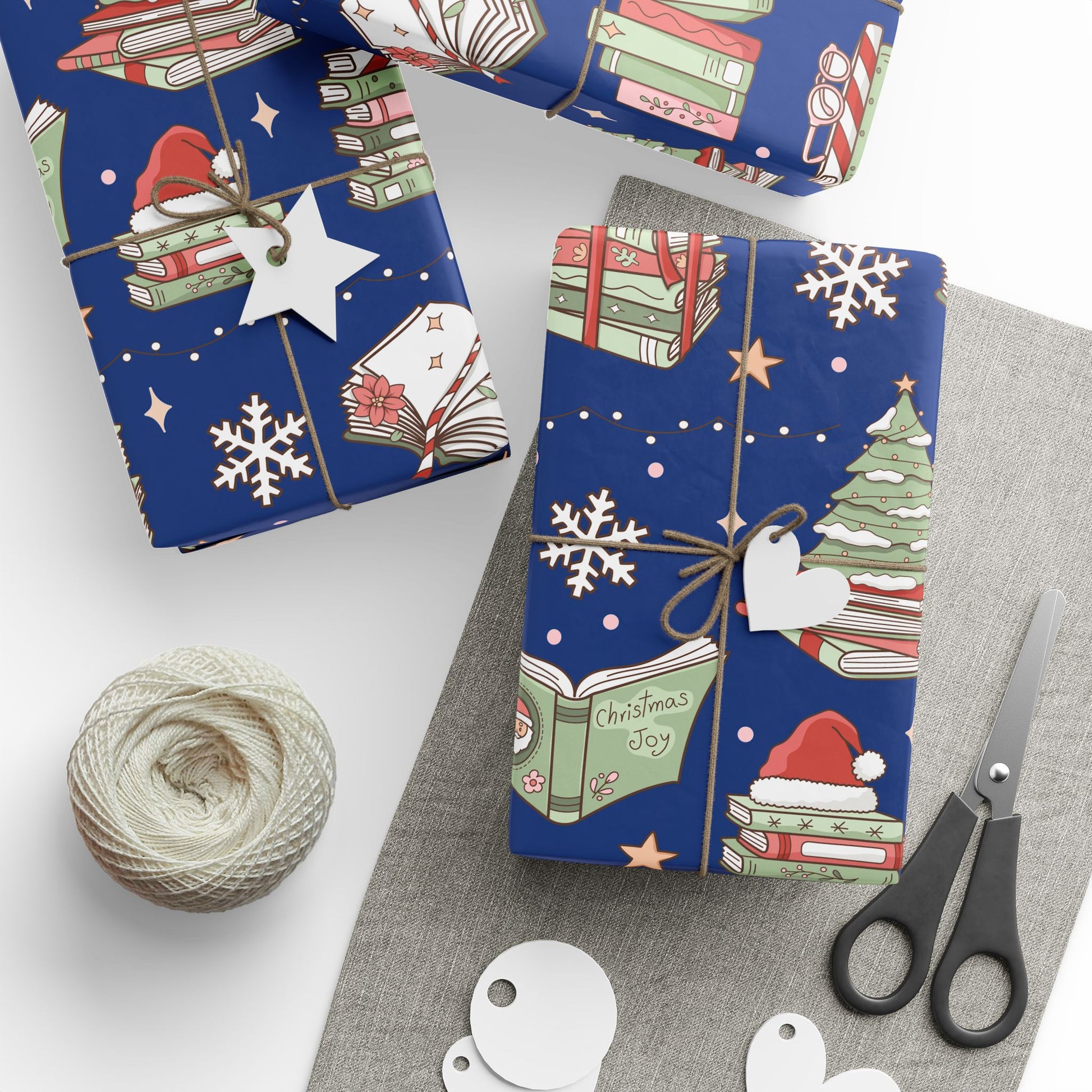 Wrapping Papers Royal Blue Christmas Books and Coffee Design Holiday Gift Wrap