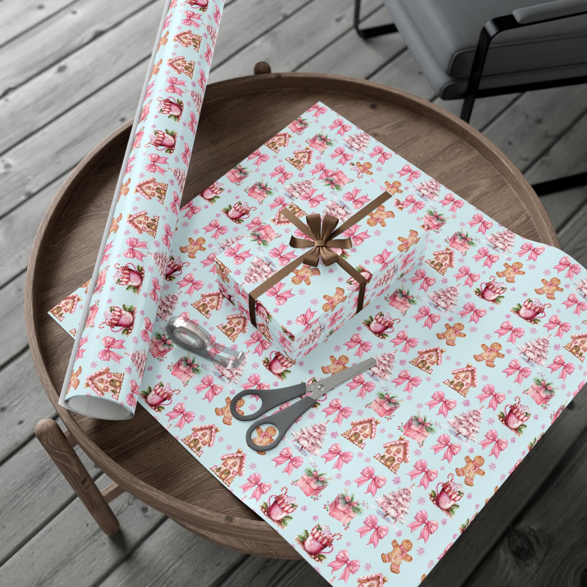 Coquette Pink Gingerbread House Man Wrapping Paper with Adorable Pink Bows Perfect for Whimsical Christmas Gift Wrap | Festive Holiday Present Wrapping Sheets - MRSBYVALLE