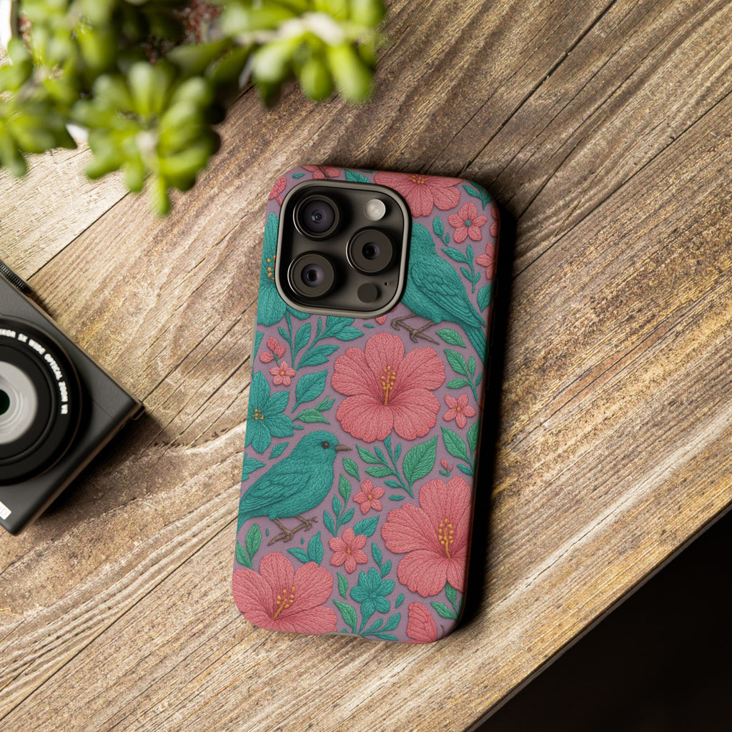 Turquoise, Pink and Lavender 3D Embroidery Illusion Phone Case Tropical Flowers, Birds & Butterflies Cover with Bold, Realistic Floral Texture iPhone, Samsung
