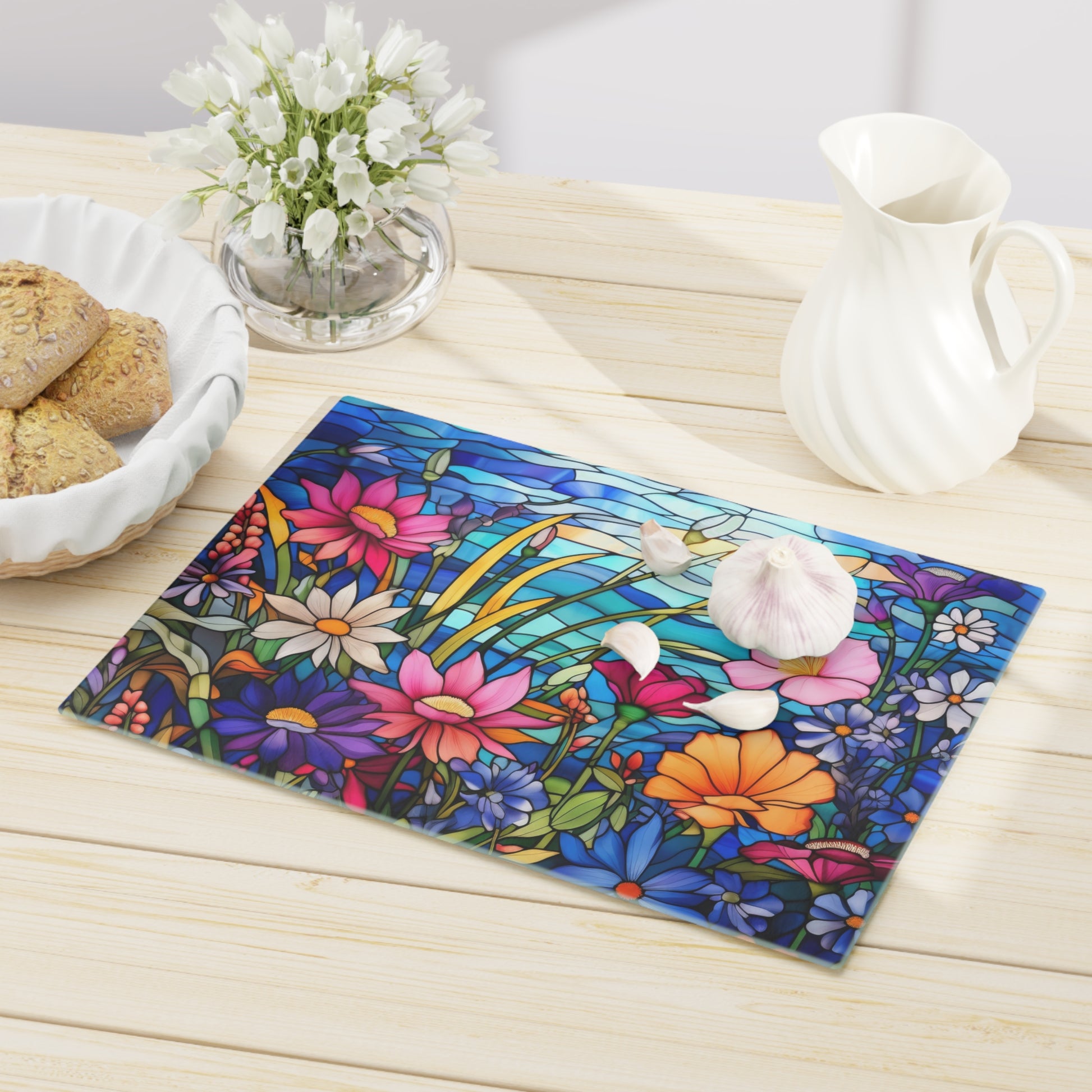 New House Tempered Glass Cutting Board Wildflowers Stain Glass Illusion Design Ultra-Durable Kitchen Accessory for Stylish Cooking Kitchen Decor Housewarming, New House Gift - MRSBYVALLE