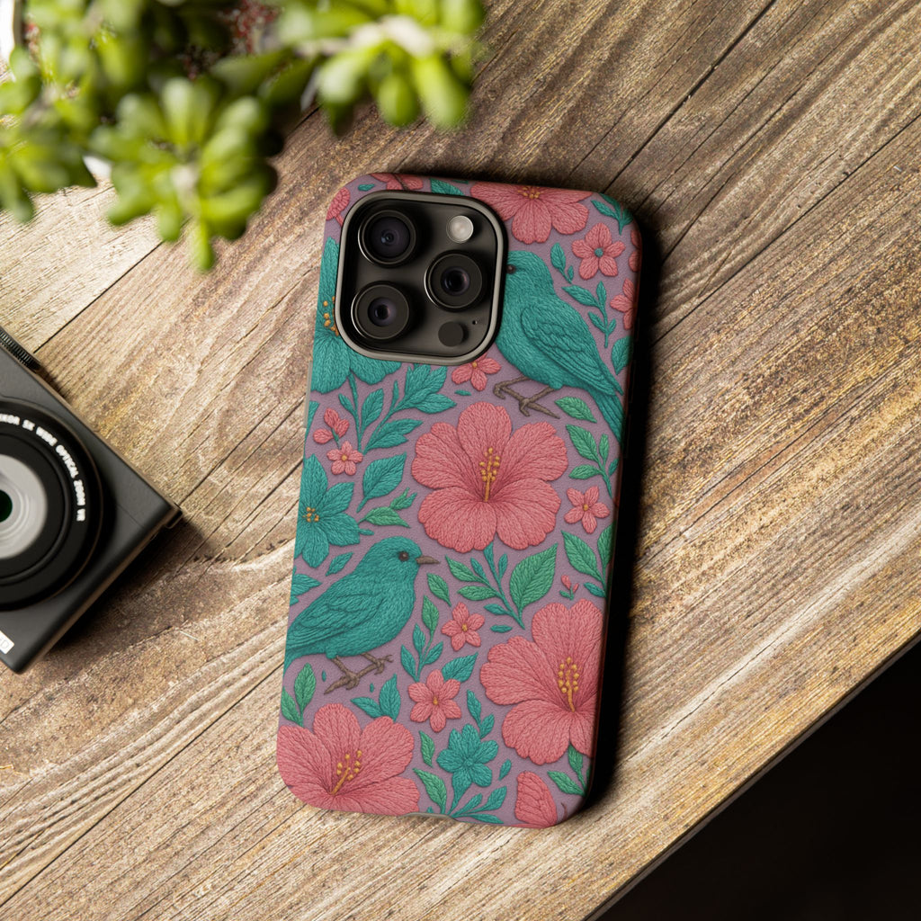 Turquoise, Pink and Lavender 3D Embroidery Illusion Phone Case Tropical Flowers, Birds & Butterflies Cover with Bold, Realistic Floral Texture iPhone, Samsung