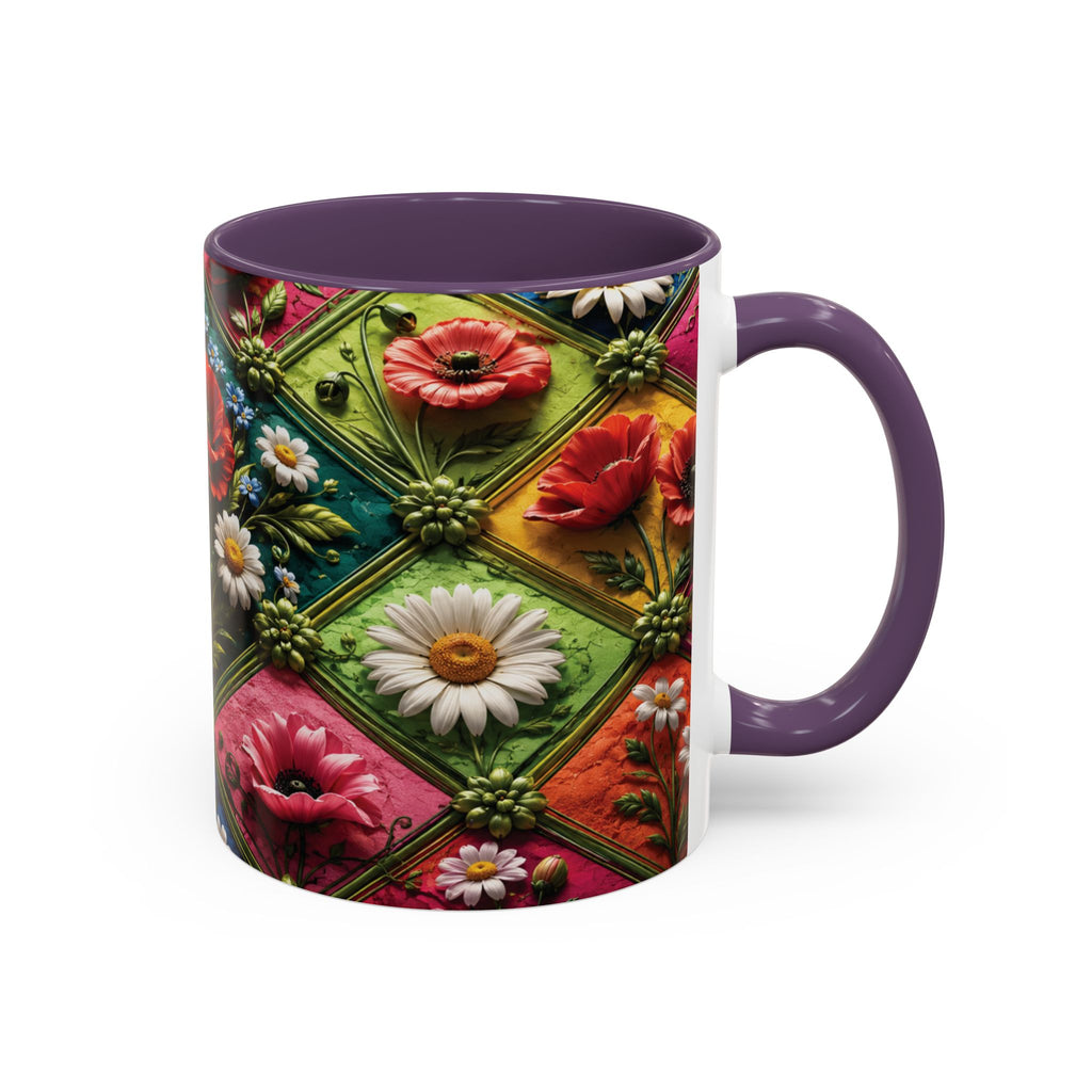 Floral Patchwork Accent Coffee Mug — Colorful Poppies & Daisies (11/15oz) 3D Illusion