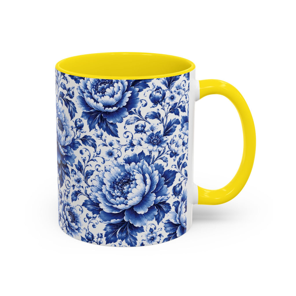 Blue Floral Ceramic Coffee Mug — Vintage Delft Peony Accent (11oz & 15oz) Blue & White Chinoiserie Tea Mug