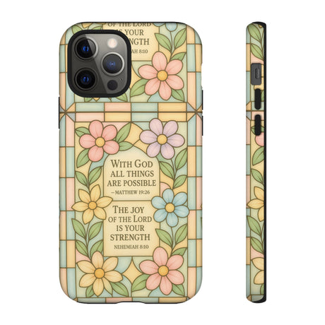 Pastel Stained Glass Bible Verse Phone Case Christian Affirmation Cover, Soft Geometric Design, iPhone Samsung Google, Faith Gift for Her Bible Verse or Affirmation | Protective, Inspirational Gift for Christians