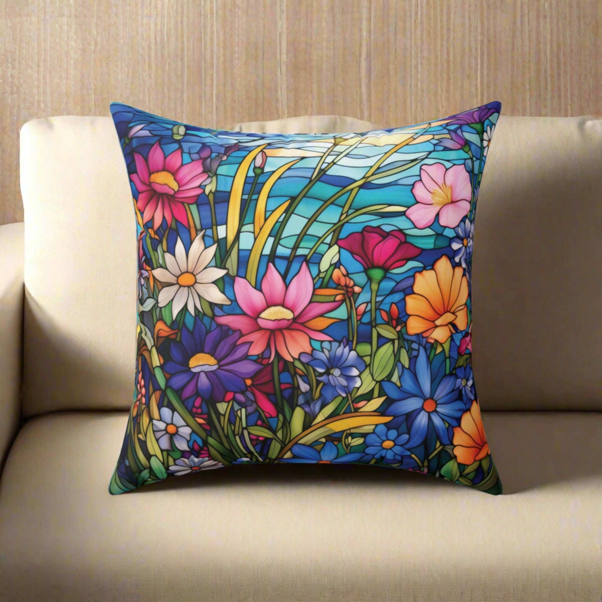 Wildflowers Stain Glass Illusion Decorative Pillow - Retro Christmas Design Square Decorative Pillow  Accent Home Decor | Premium Quality, Soft, and Durable | Perfect for Couch, Bed, or Chair | Elegant Bedrooms Pillow Gift New House, Bridal Shower Gift - MRSBYVALLE
