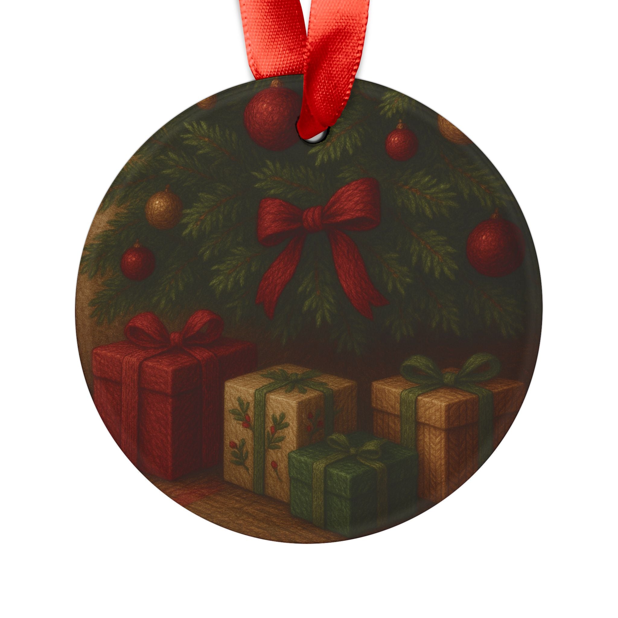 3D Illusion Christmas Ornament Elegant Tree with Gifts Design, Glossy Finish, Acrylic 2.90x2.90 in, Includes Red Ribbon for Hanging Tree Accent Gift for Family