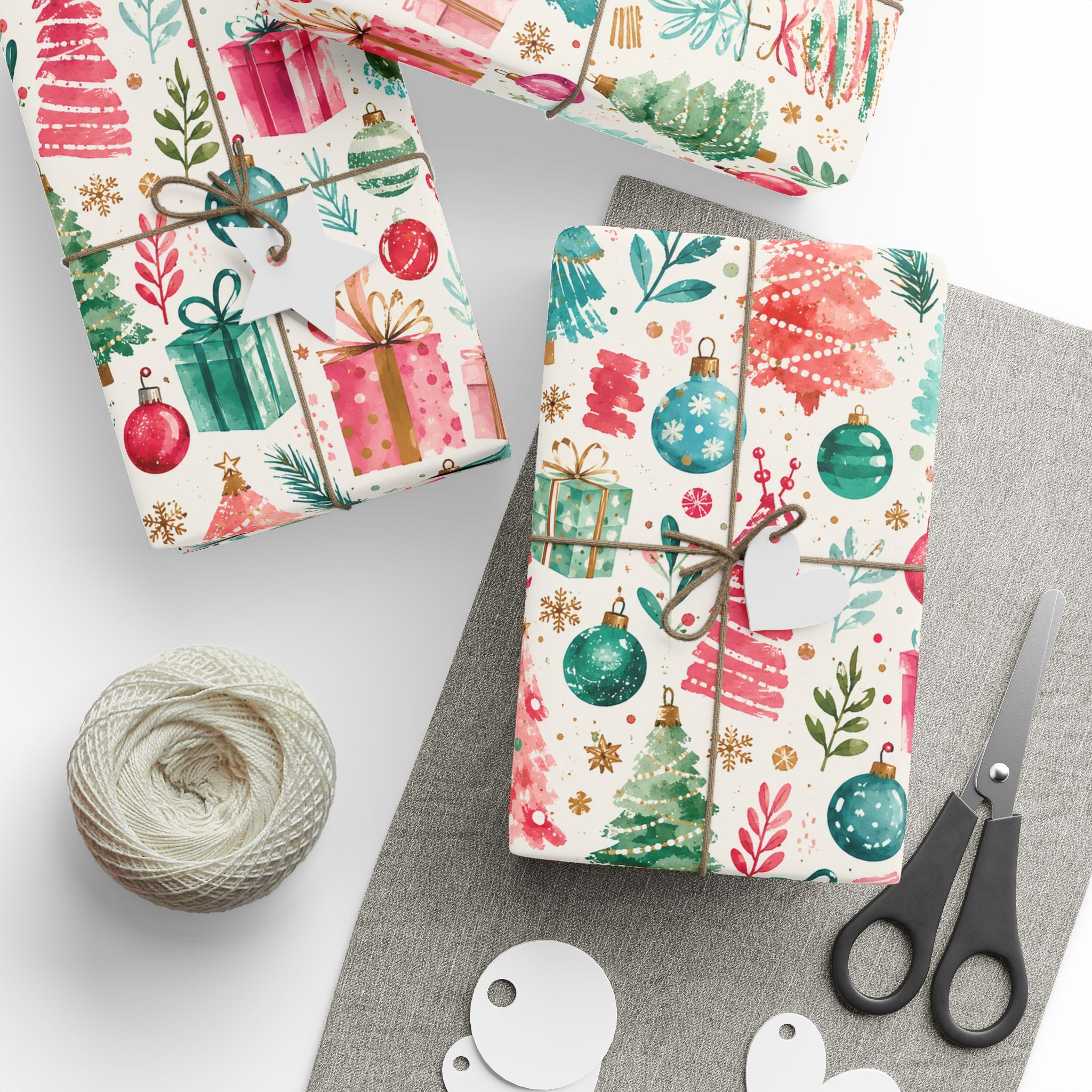 Festive Watercolor Christmas Wrapping Paper — Trees, Ornaments & Gifts Pattern