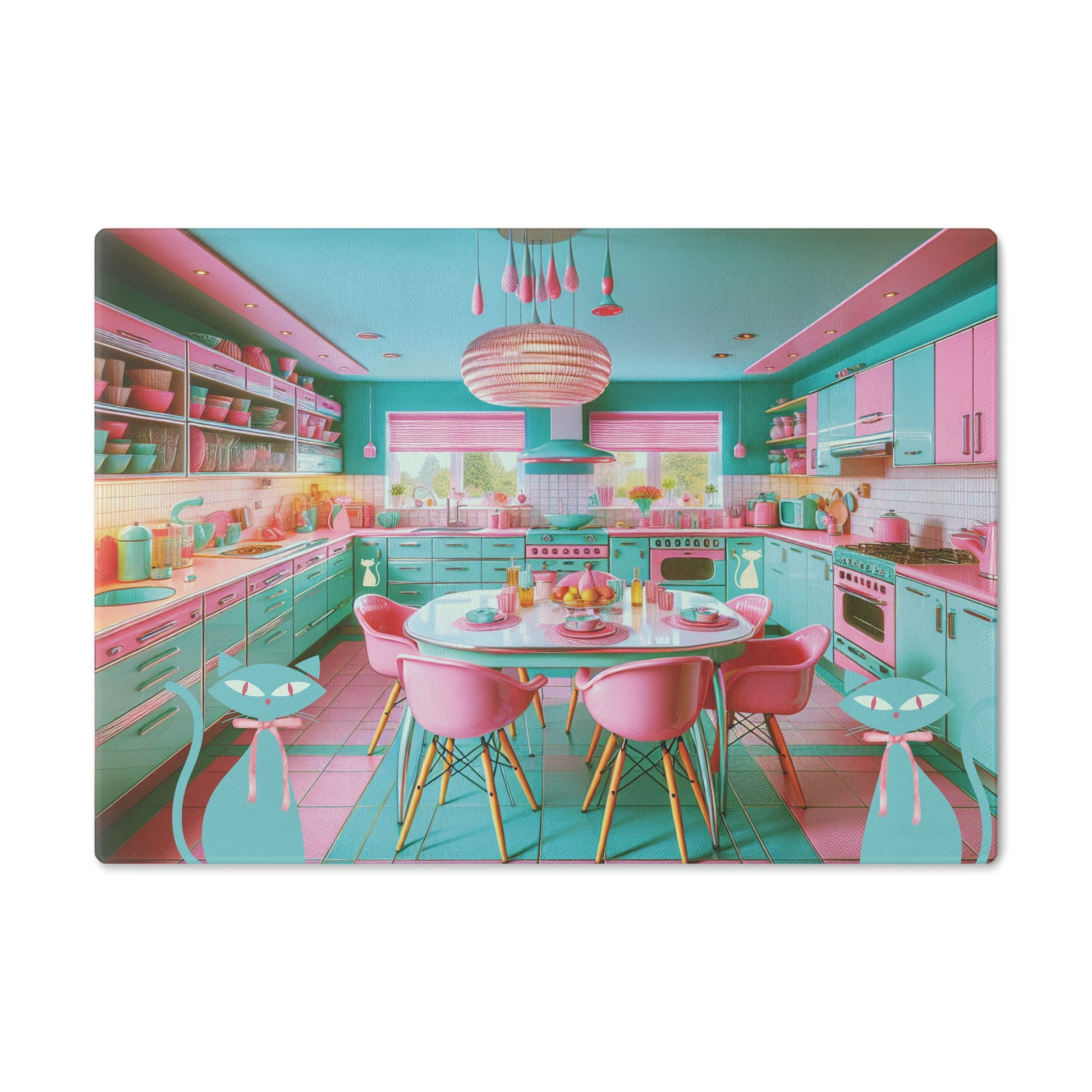 Cutting Board - Atomic Kitty Cat Mid Century Modern Aqua Pink MCM Design - MRSBYVALLE