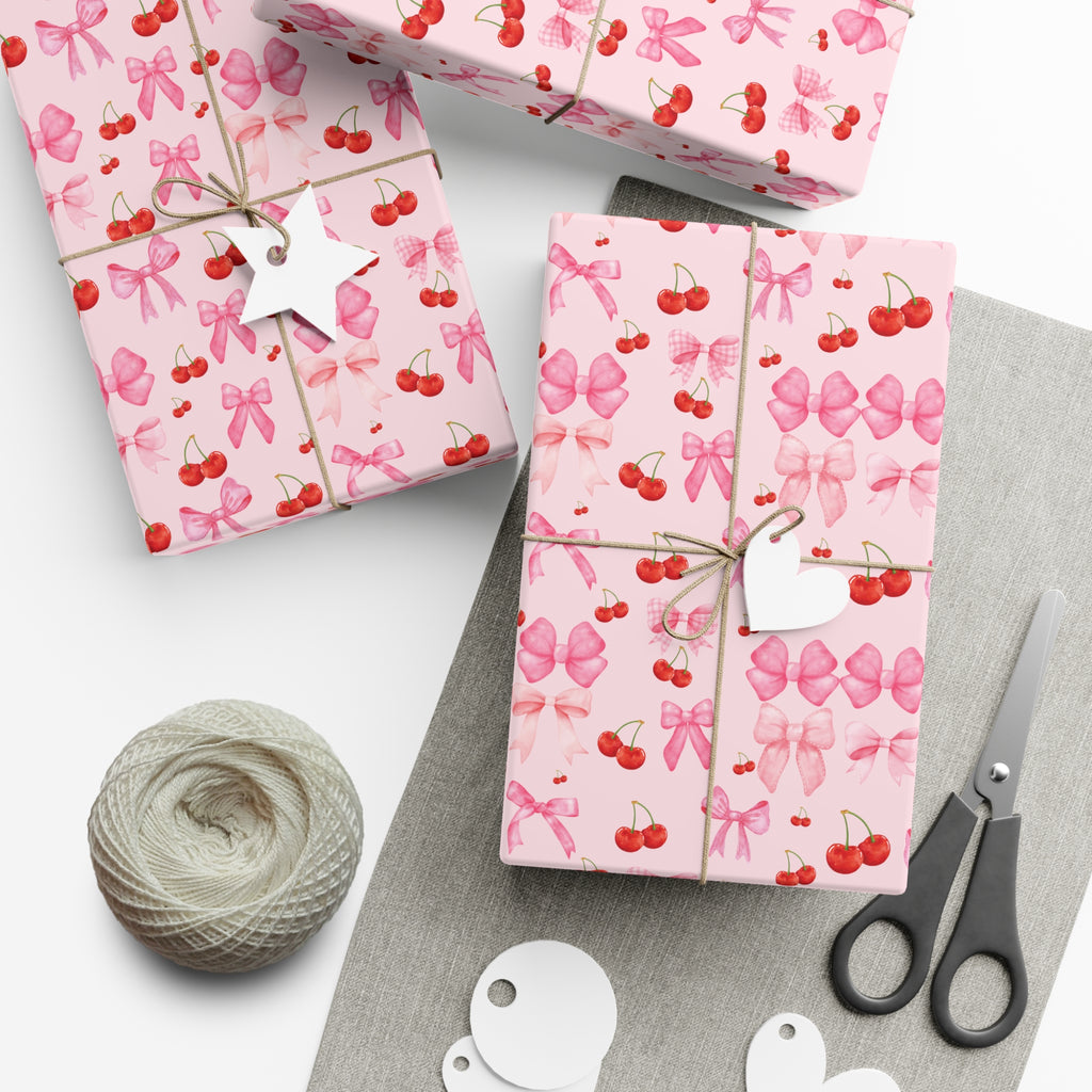 Pink Chic Coquette Wrapping Paper Pink Bows Cherries Elegance Perfect for Gifts Weddings, Bridal Baby Showers All Occasion.