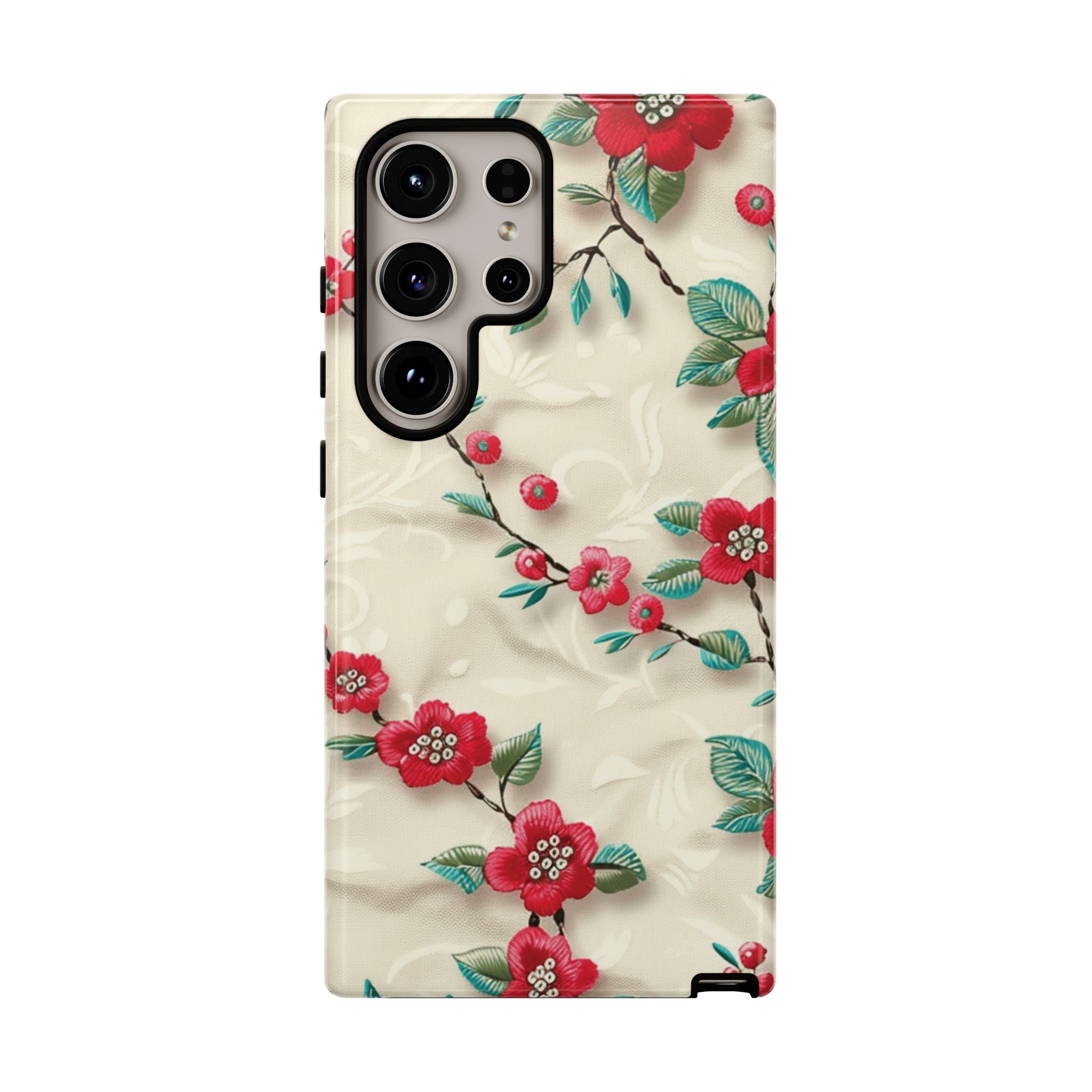 3D Embroidery Illusion Red Flowers Phone Case for iPhone, Samsung Pixel Artistic Floral Protection 15 14 13 12, 21 23 Gift for Her Perfect for Floral Lover
