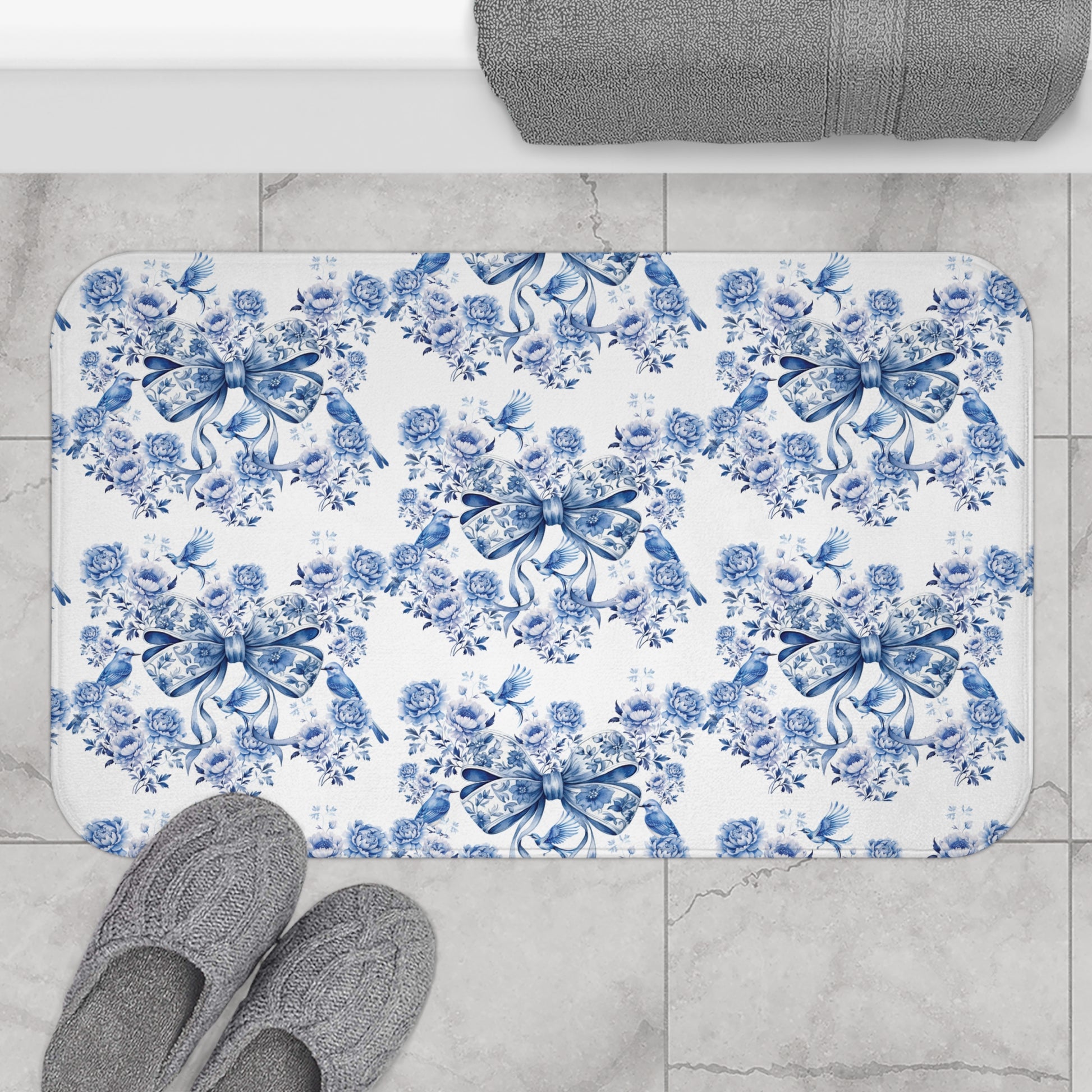 Elegant Blue Bow Chinoiserie Bathmat – Stunning Birds & Floral | Soft, Absorbent & Non-Slip Bathroom Rug for Stylish Home Décor & Comfort Home