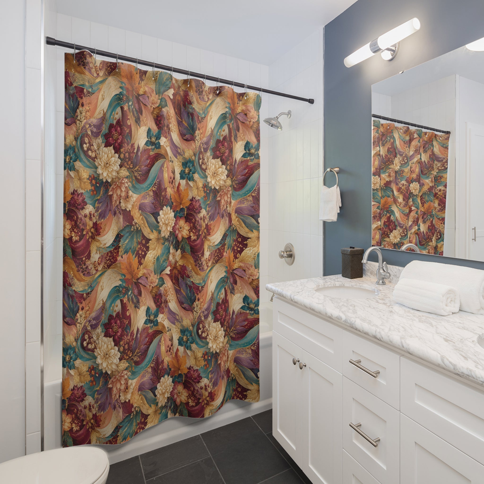 Autumn Floral Shower Curtain — Vintage Boho Leaves & Blooms Bathroom Decor