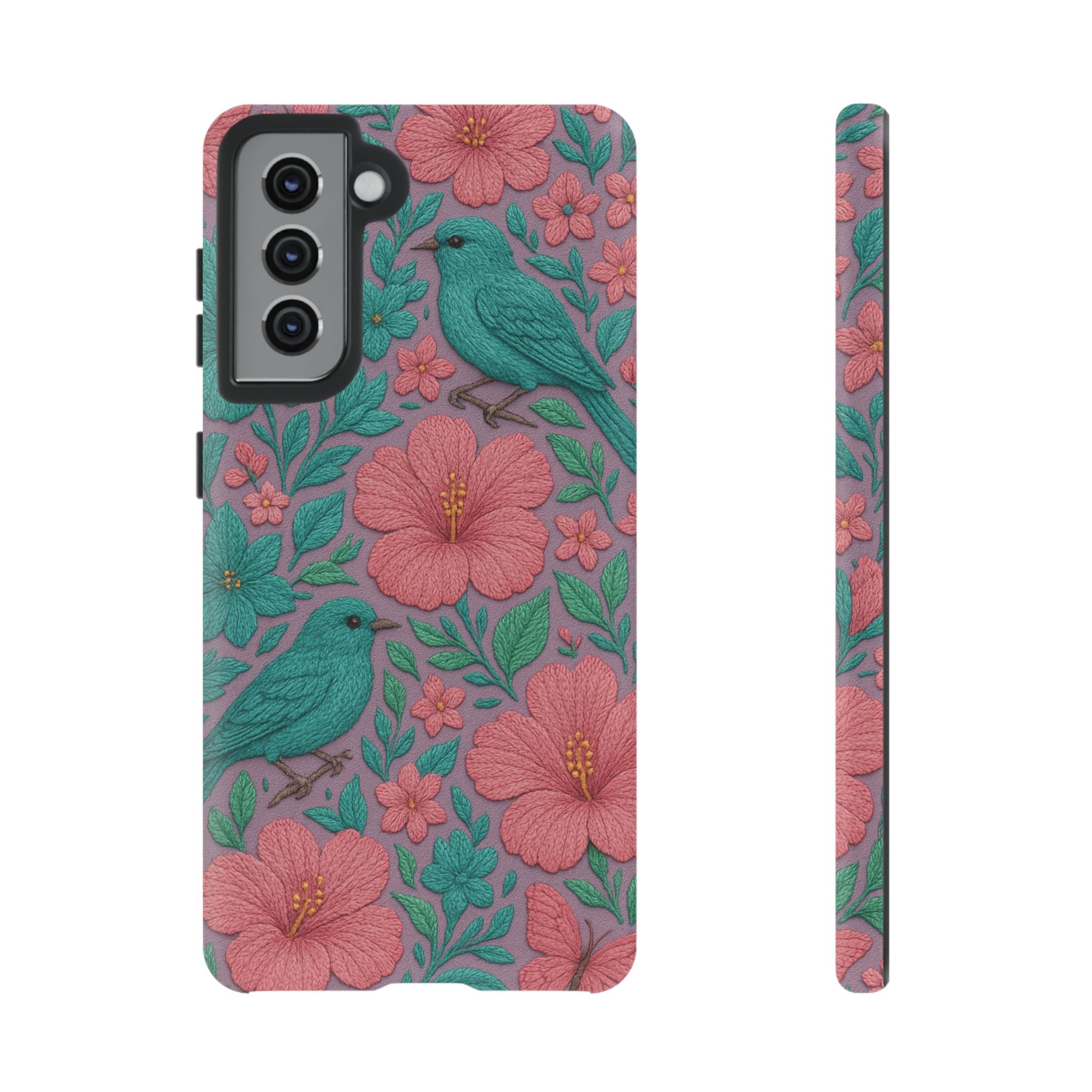 Turquoise, Pink and Lavender 3D Embroidery Illusion Phone Case Tropical Flowers, Birds & Butterflies Cover with Bold, Realistic Floral Texture iPhone, Samsung