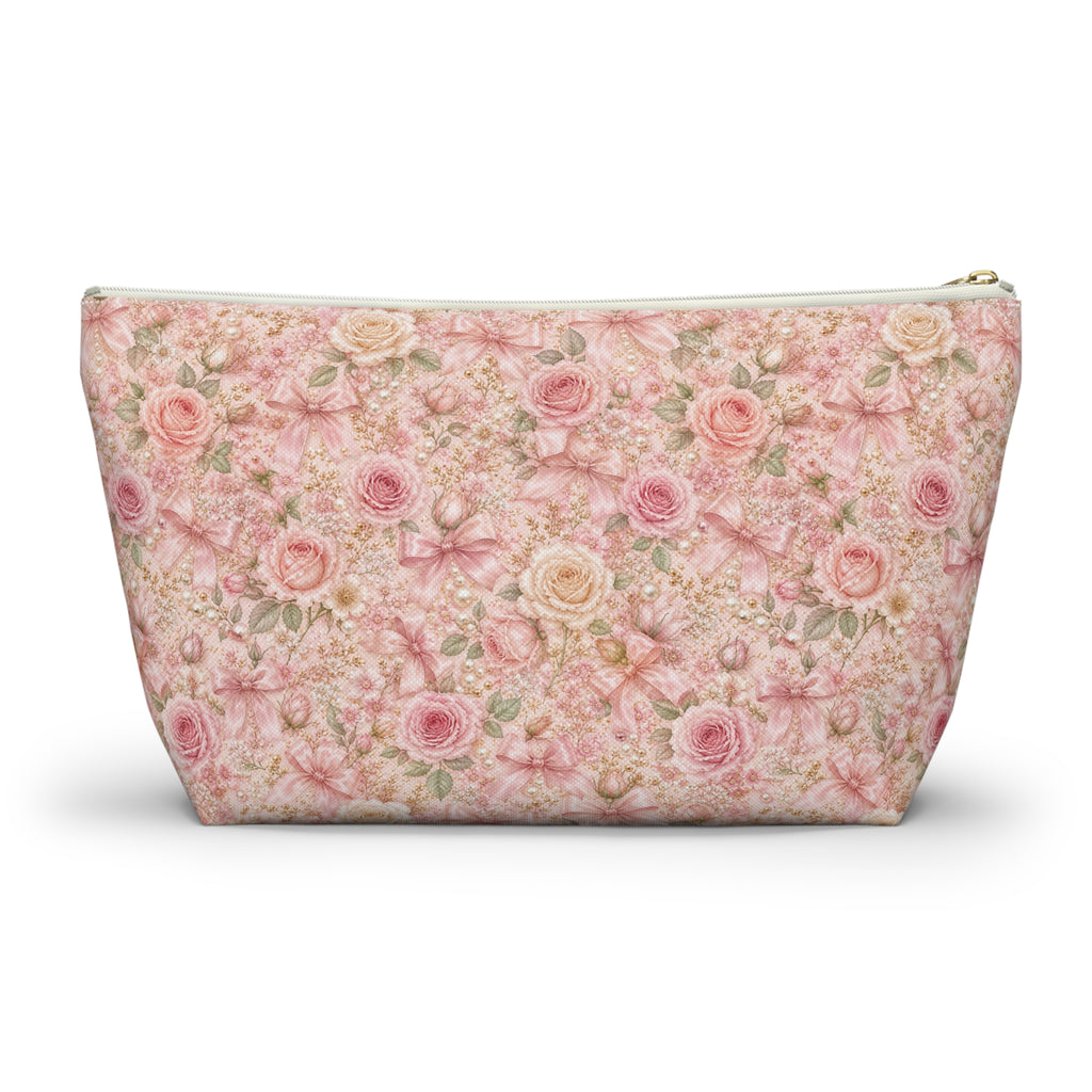 Trousse de Maquillage Nœud en Satin et Rose Poudré, Pochette Cosmétique Fleurie Coquette de Luxe, Organisateur de Voyage Élégant