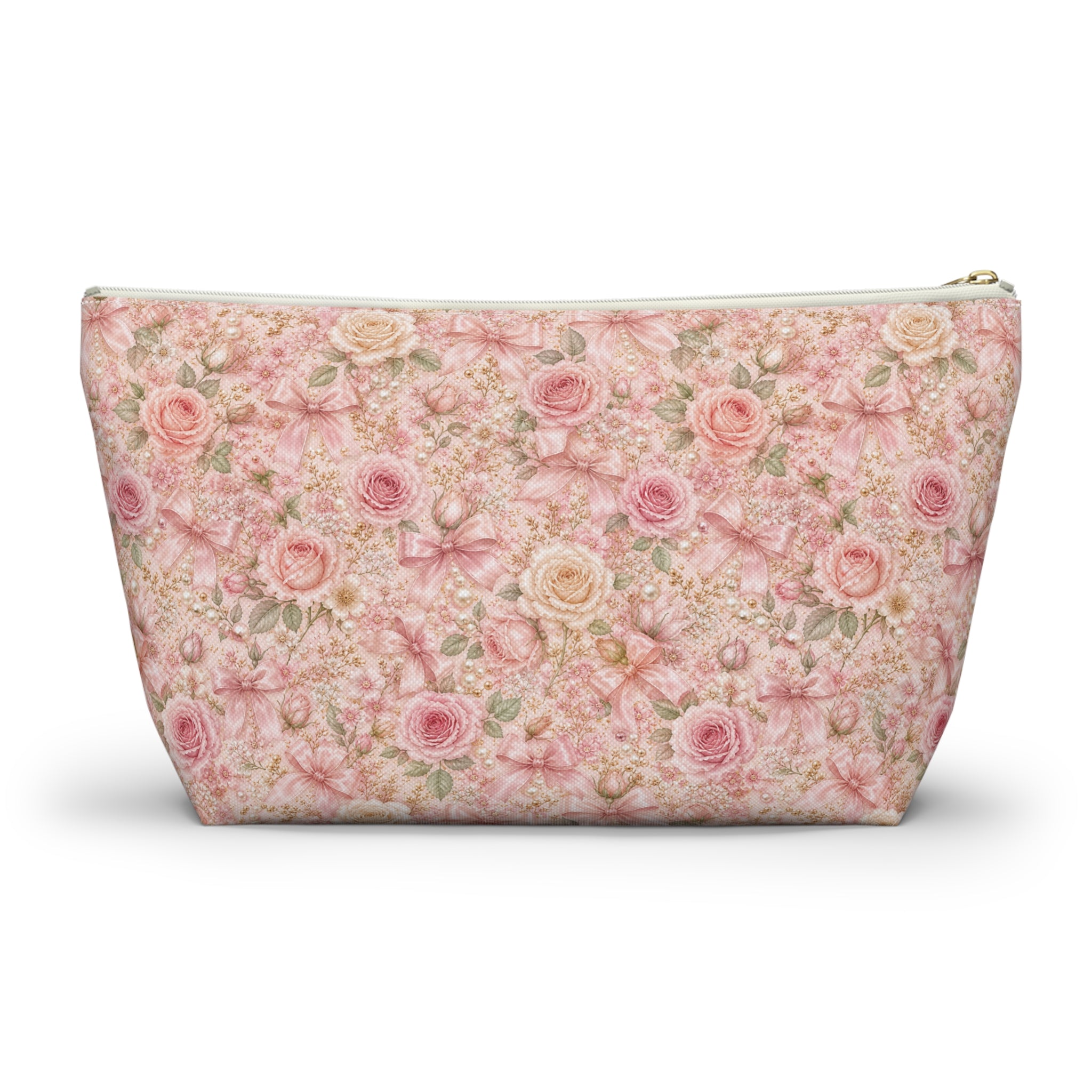 Trousse de Maquillage Nœud en Satin et Rose Poudré, Pochette Cosmétique Fleurie Coquette de Luxe, Organisateur de Voyage Élégant