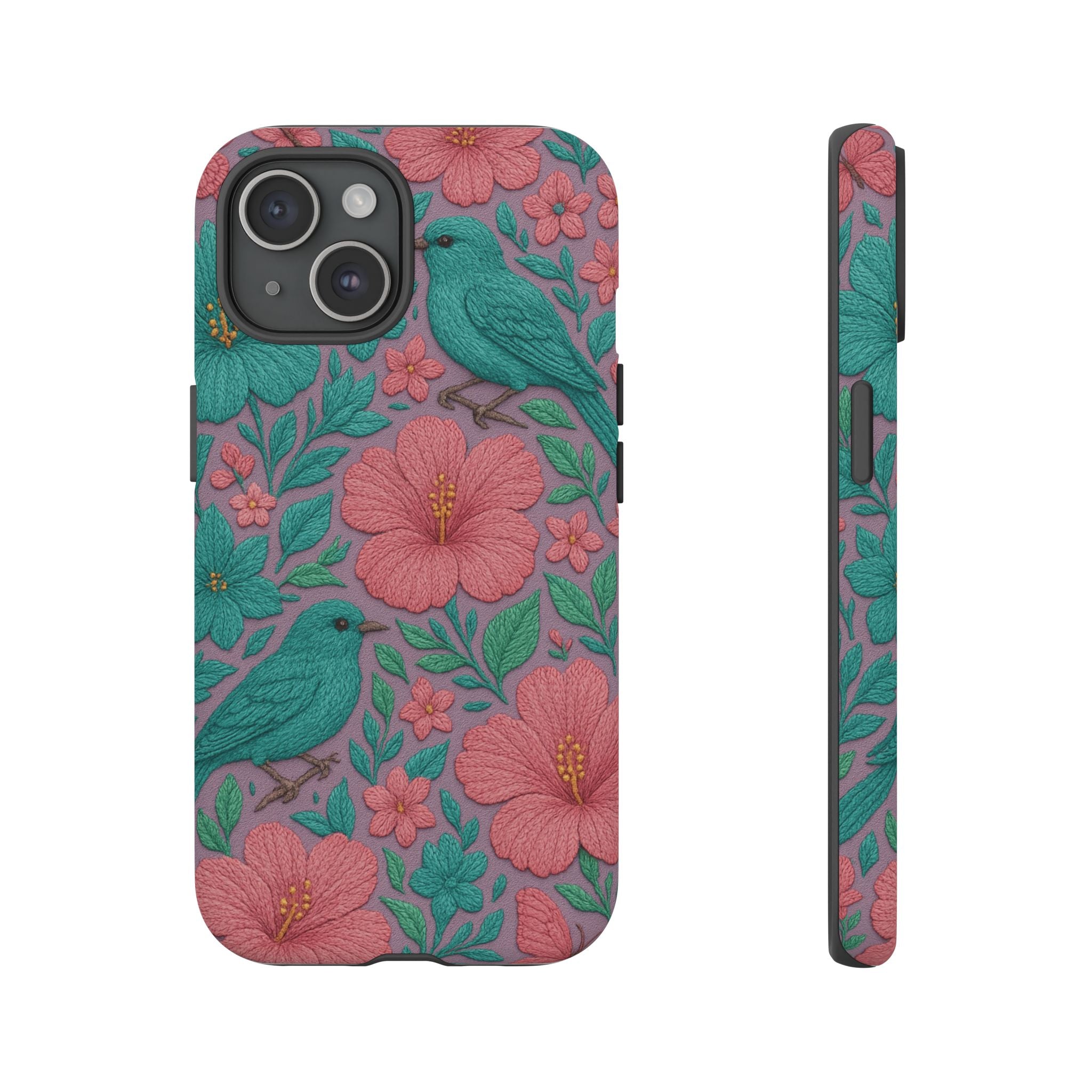 Turquoise, Pink and Lavender 3D Embroidery Illusion Phone Case Tropical Flowers, Birds & Butterflies Cover with Bold, Realistic Floral Texture iPhone, Samsung
