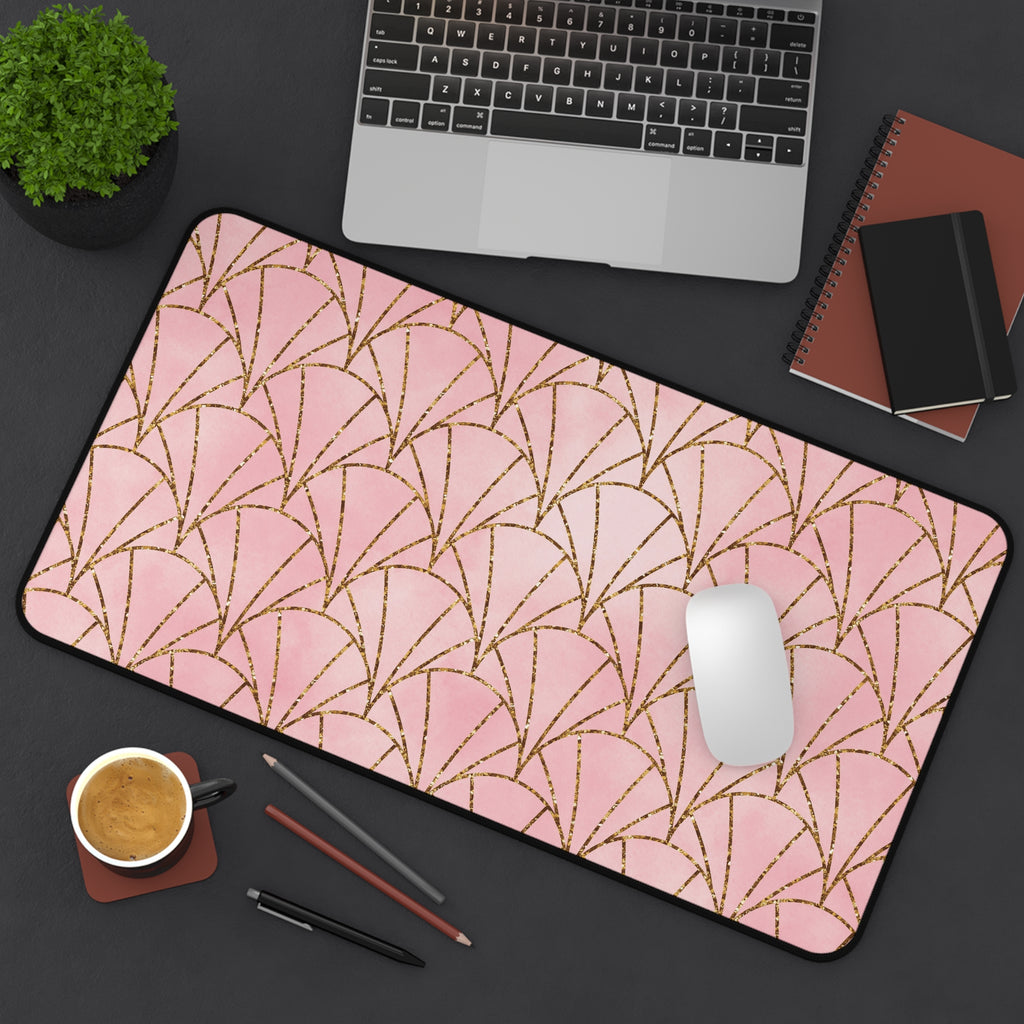 Art Deco Pink & Gold Fan Desk Mat — Glam Desktop Mouse Pad